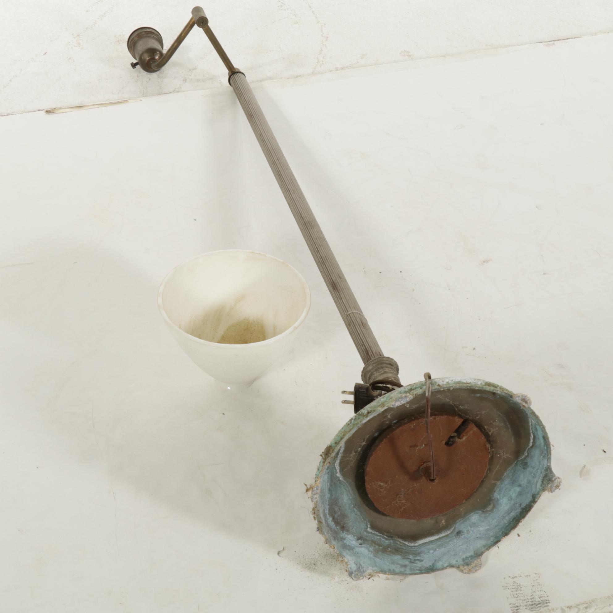 Brass Swing-Arm Torchiere Floor Lamp with Milk Glass Shade