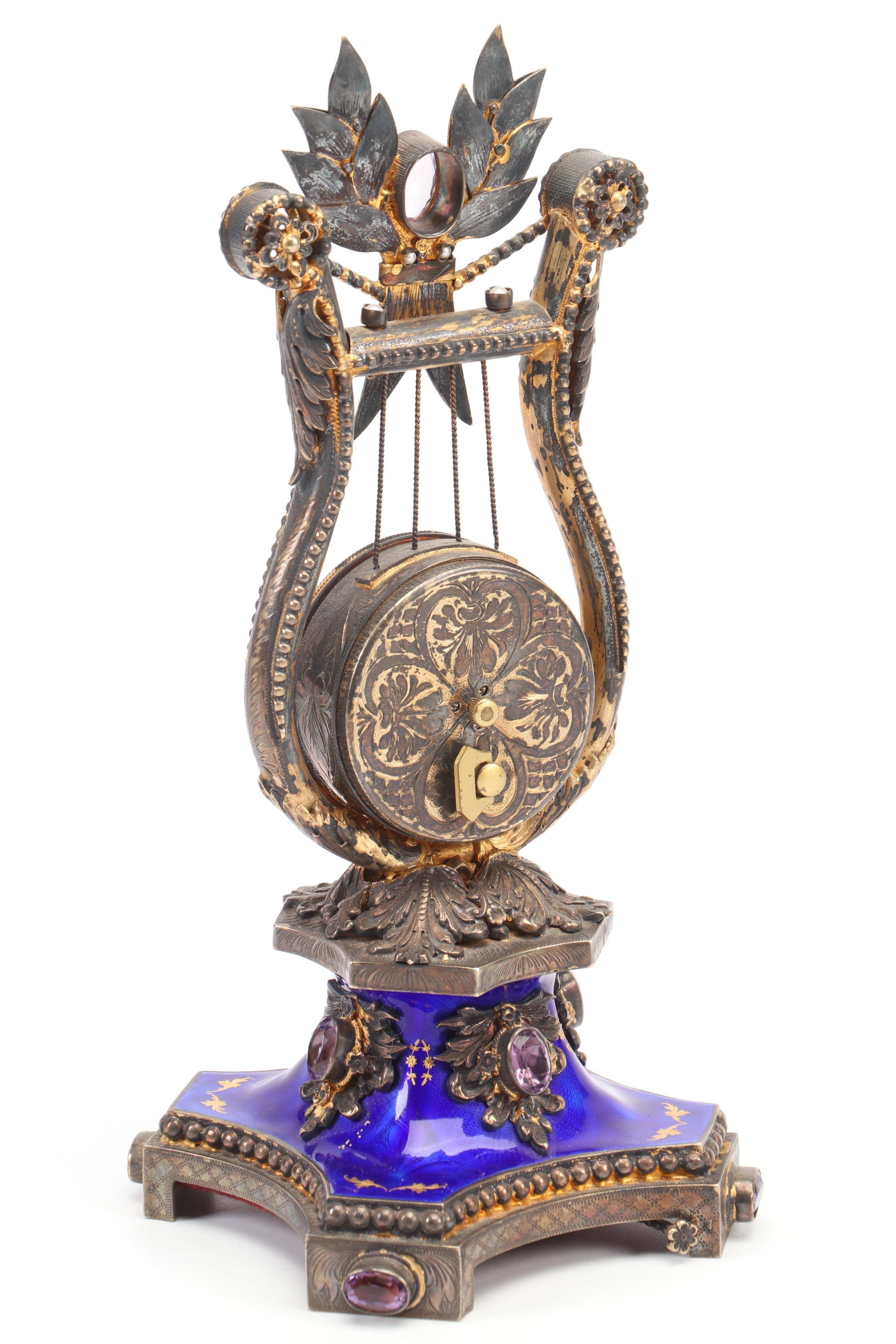 Reuge Silver Gilt, Amethyst-Set and Enameled Clock/Music Box