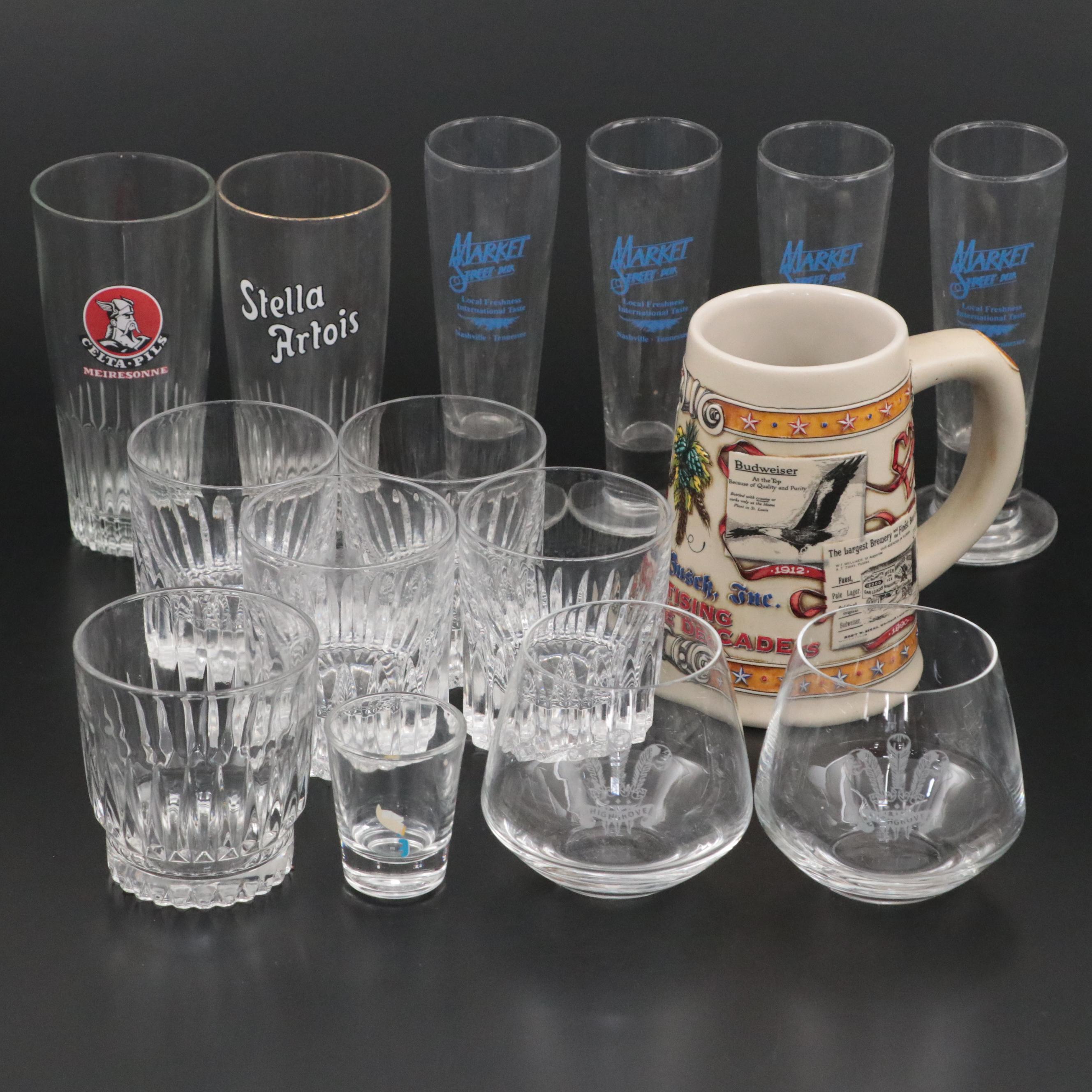 Budweiser Earthenware Beer Mug, Glass Double Old Fashioneds, Pilsner