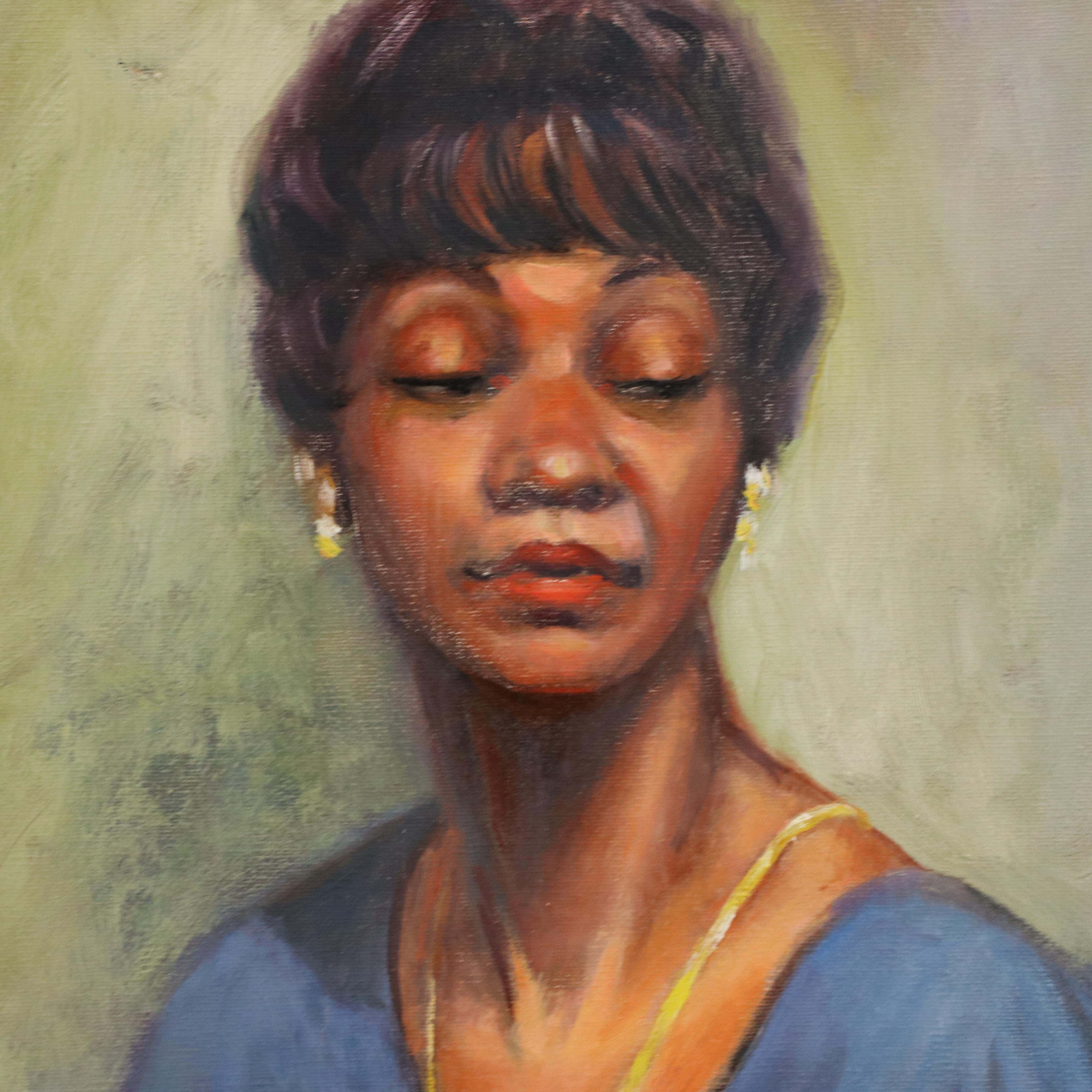 Marilyn Bendell Alla Prima Portrait Oil Painting of Woman in Blue, 1965