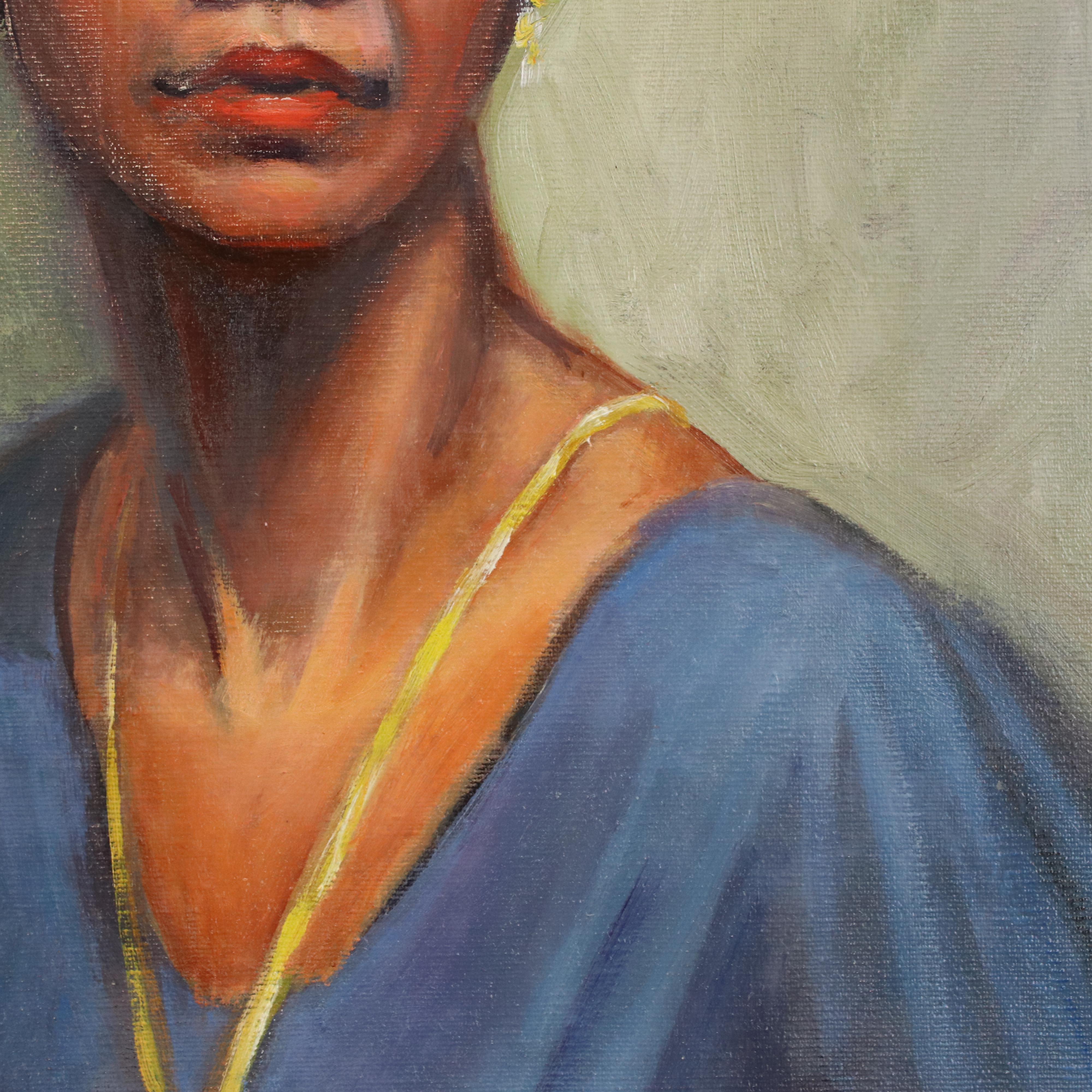 Marilyn Bendell Alla Prima Portrait Oil Painting of Woman in Blue, 1965