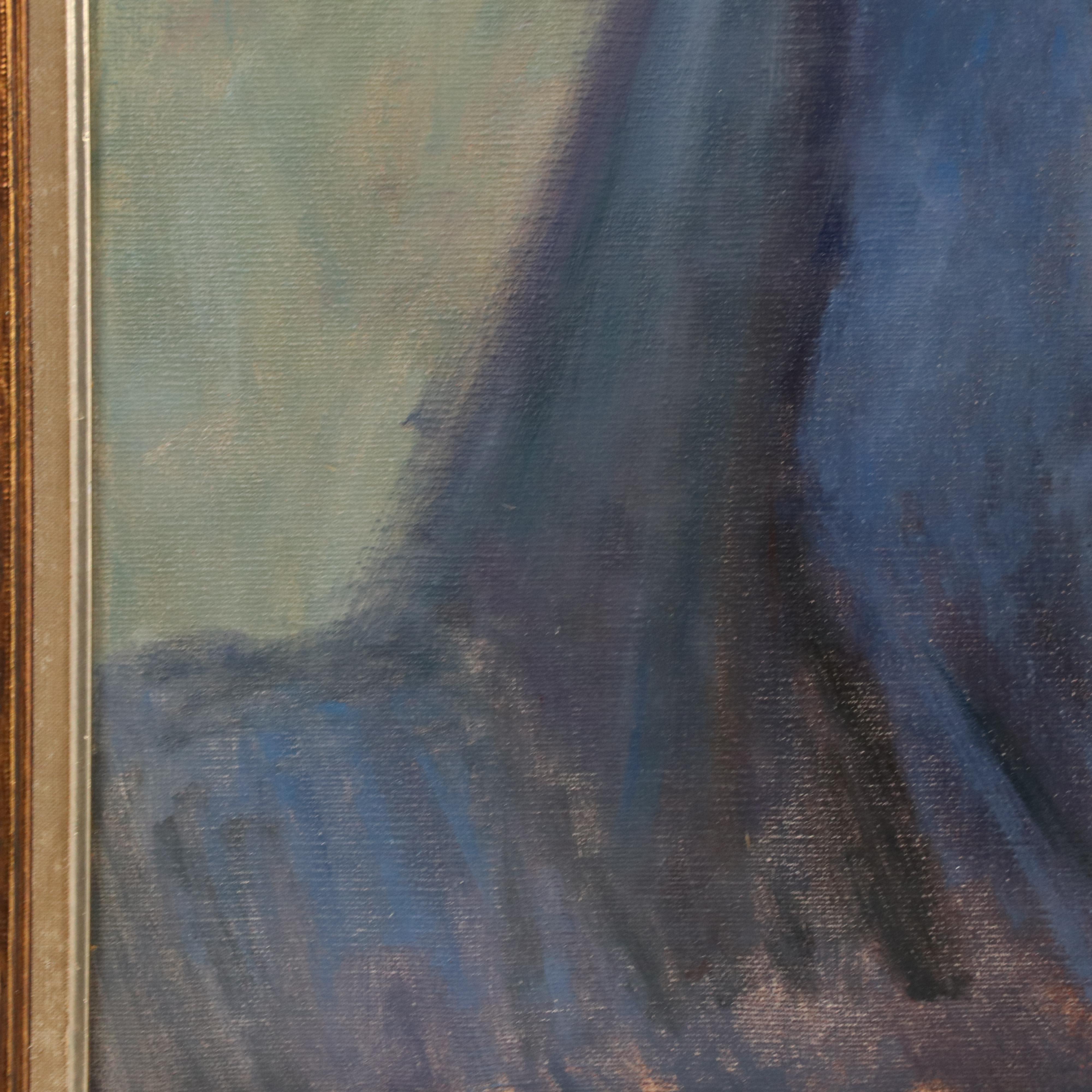 Marilyn Bendell Alla Prima Portrait Oil Painting of Woman in Blue, 1965
