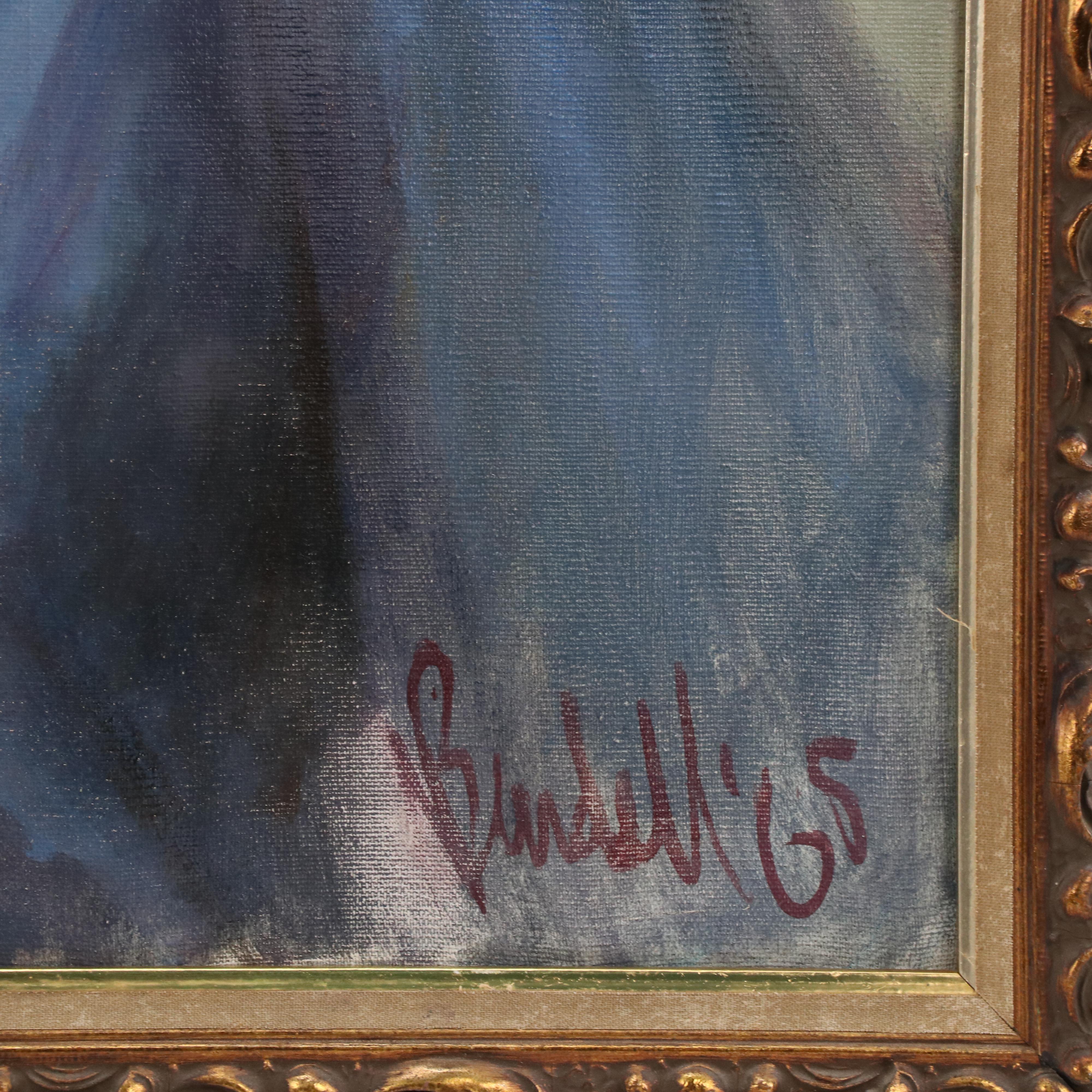 Marilyn Bendell Alla Prima Portrait Oil Painting of Woman in Blue, 1965