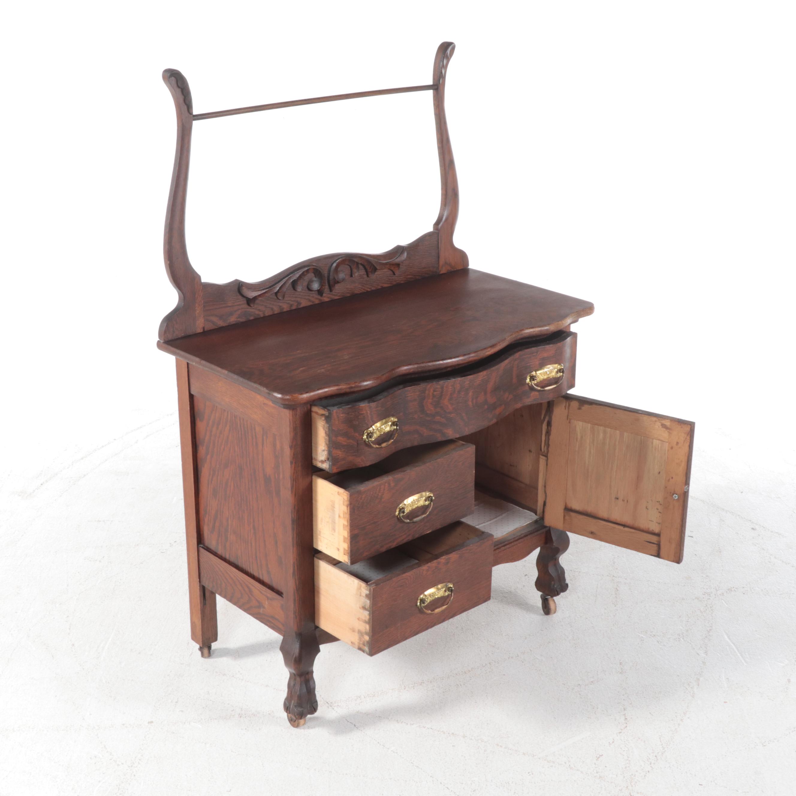 Victorian Tiger Oak Washstand, Late 19th Century