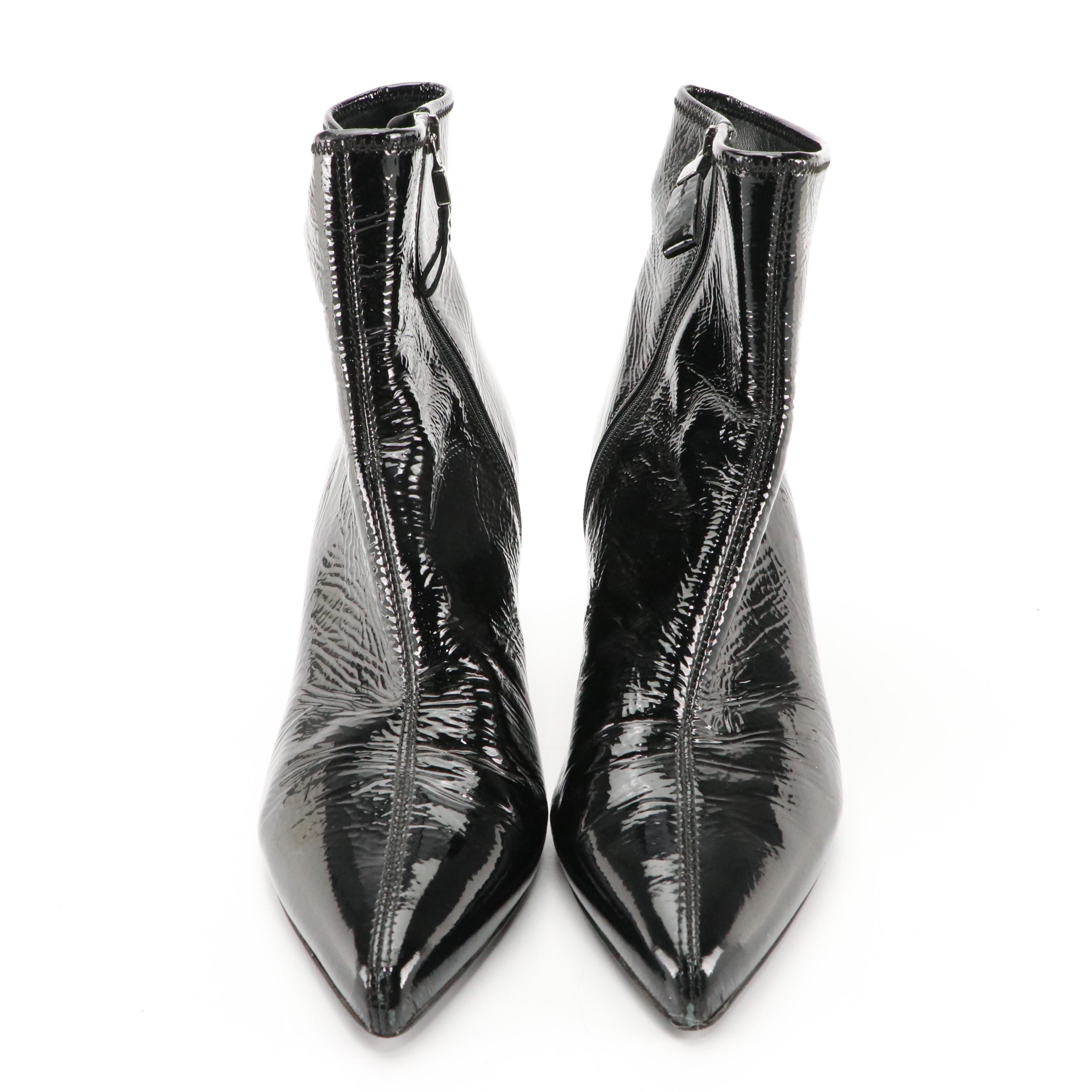 Prada Black Crinkled Patent Leather Ankle Boots