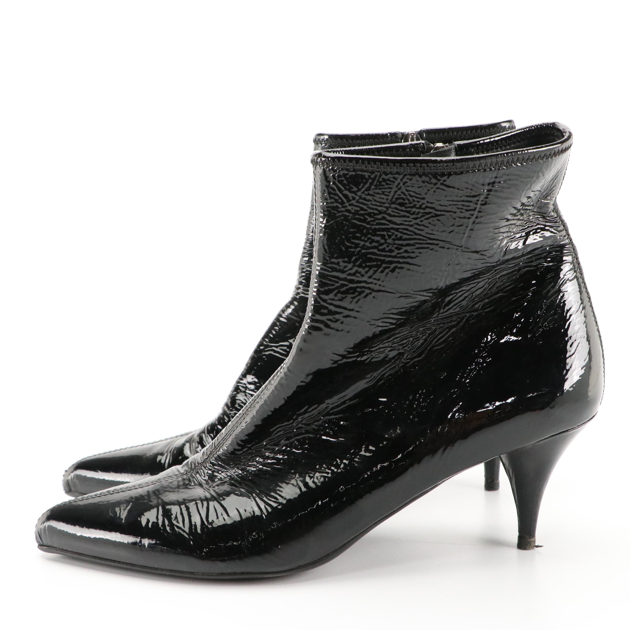 Prada Black Crinkled Patent Leather Ankle Boots