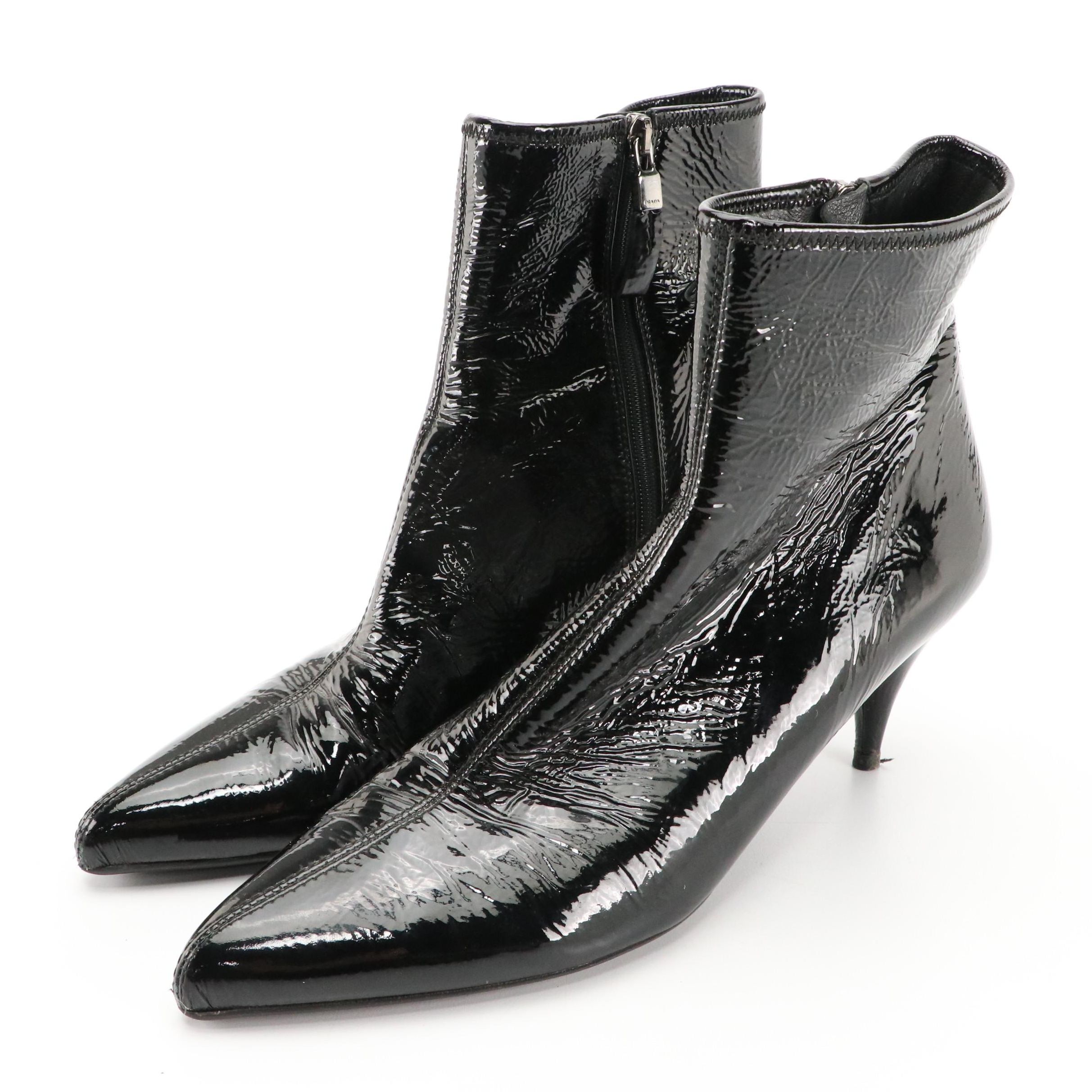 Prada Black Crinkled Patent Leather Ankle Boots