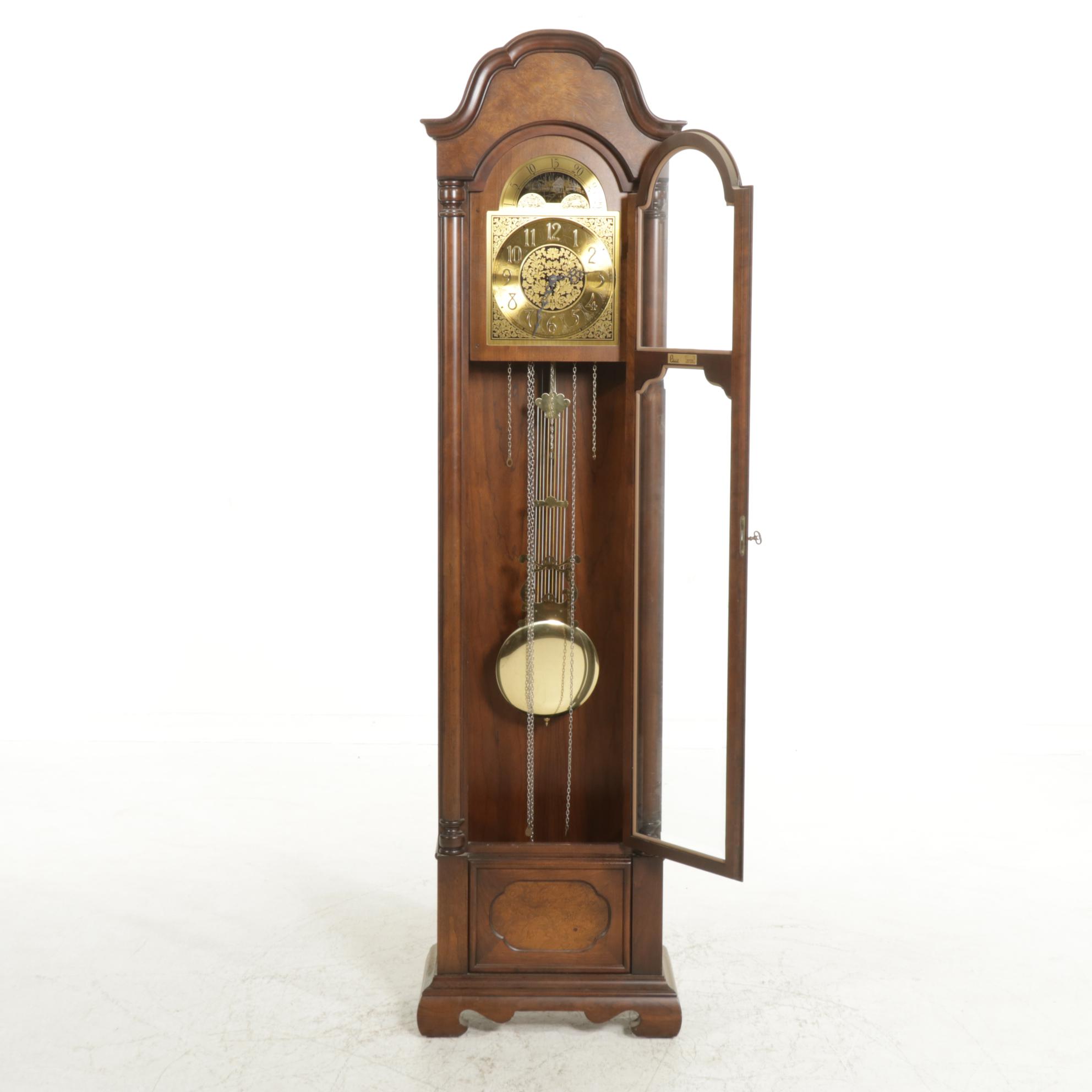 Colonial of Zeeland Mahogany and Burl Wood Grandfather Clock