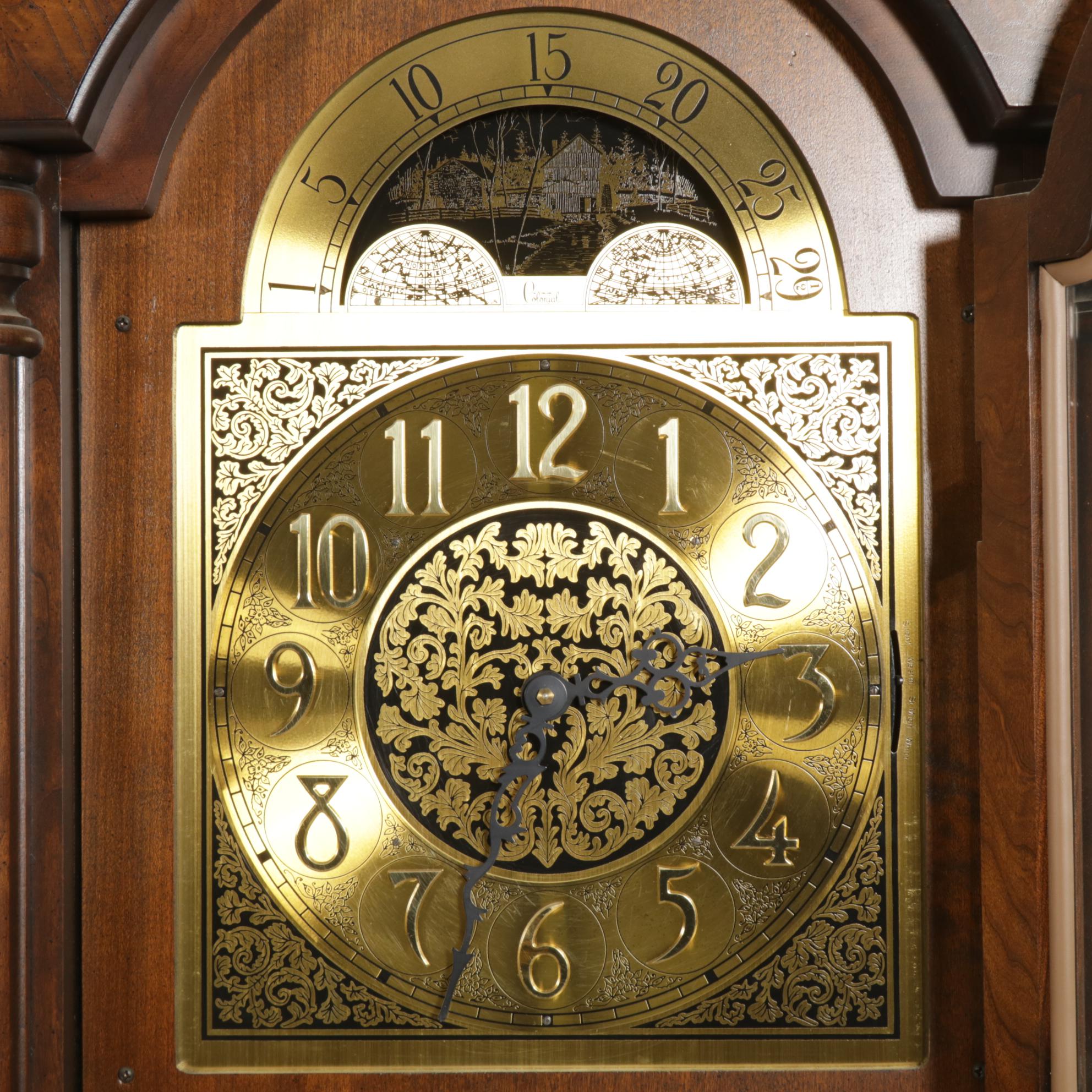 Colonial of Zeeland Mahogany and Burl Wood Grandfather Clock