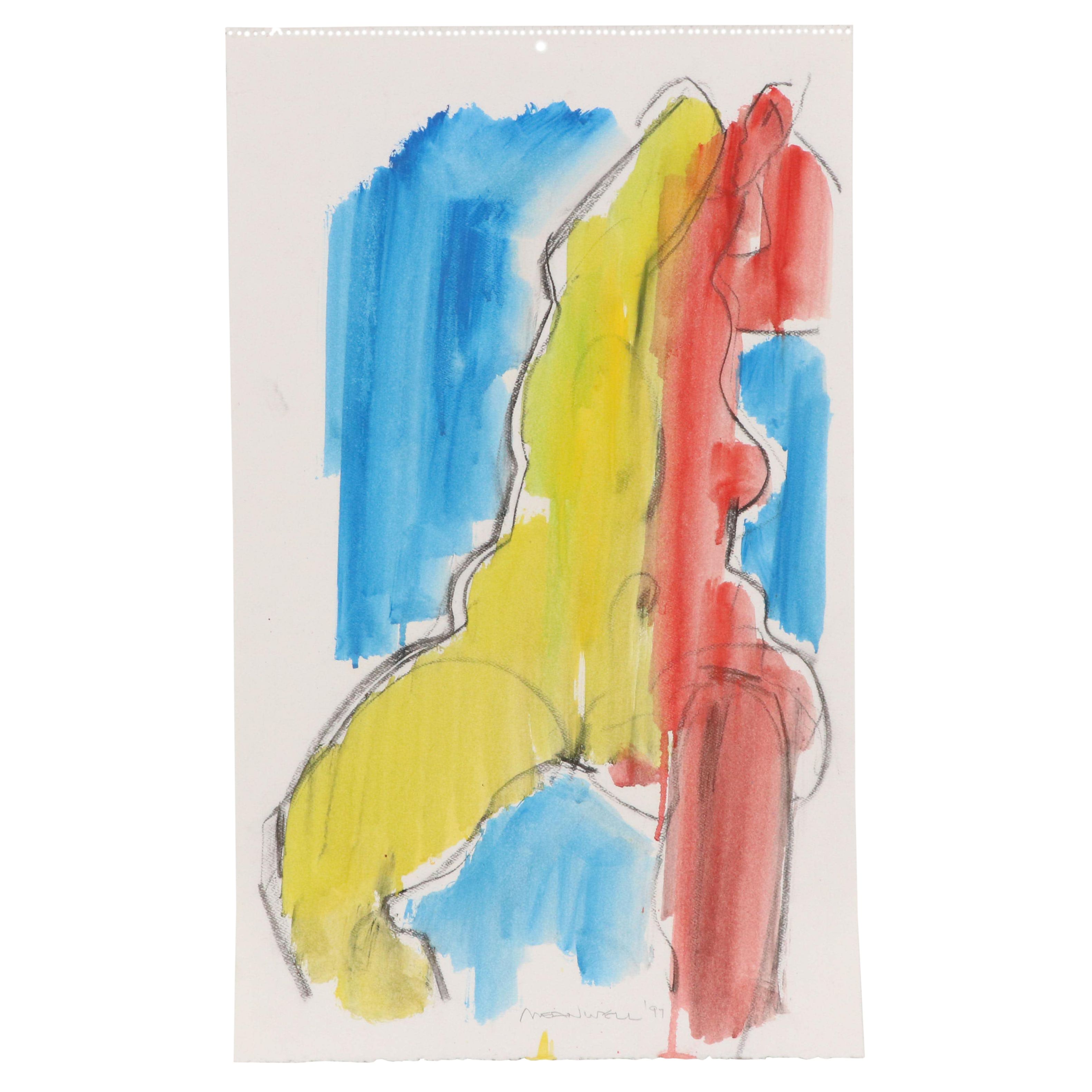 Jack Meanwell Figural Nude Mixed Media Painting, 1997