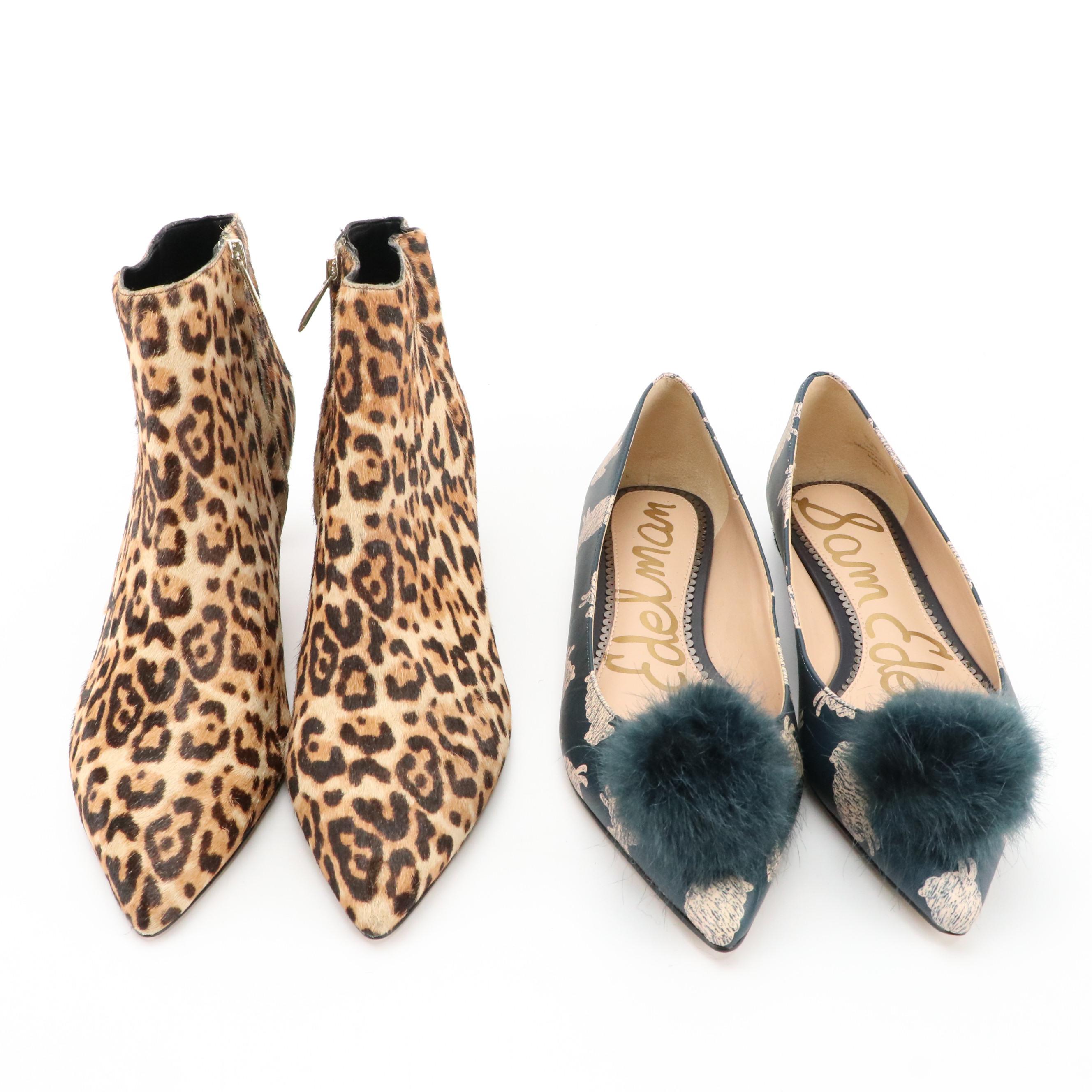 Sam Edelman Pom-Pom Raddie Flats and Leopard Print Calf Hair Ankle Boots