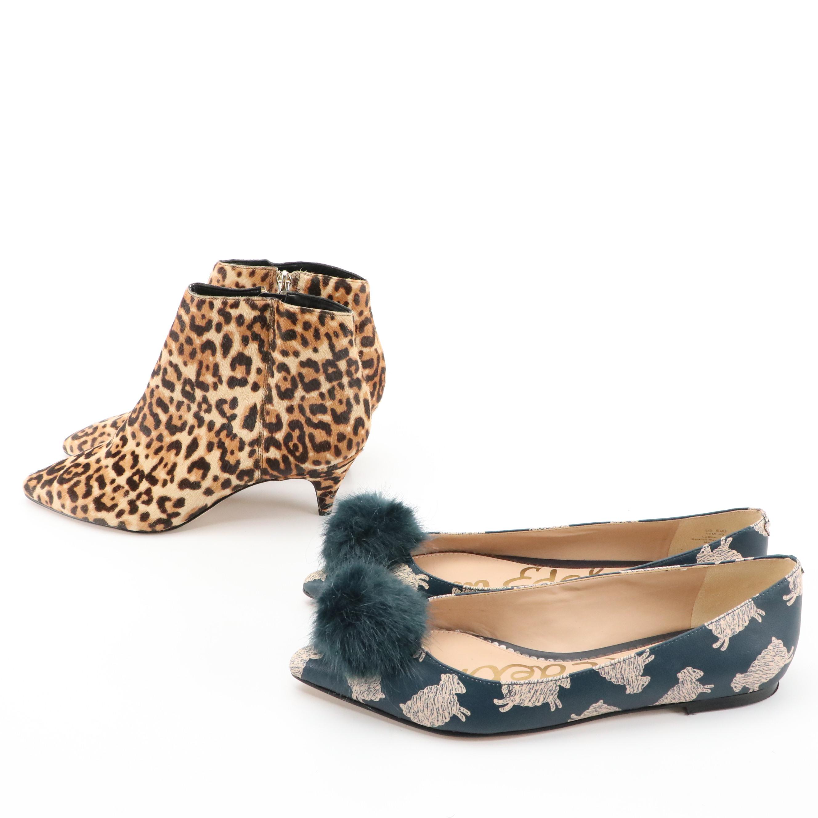 Sam Edelman Pom-Pom Raddie Flats and Leopard Print Calf Hair Ankle Boots