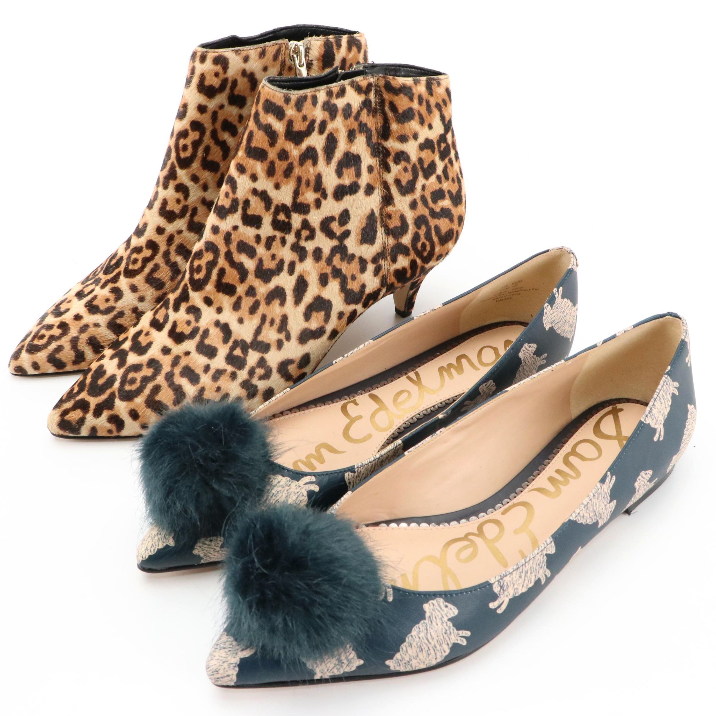 Sam Edelman Pom-Pom Raddie Flats and Leopard Print Calf Hair Ankle Boots
