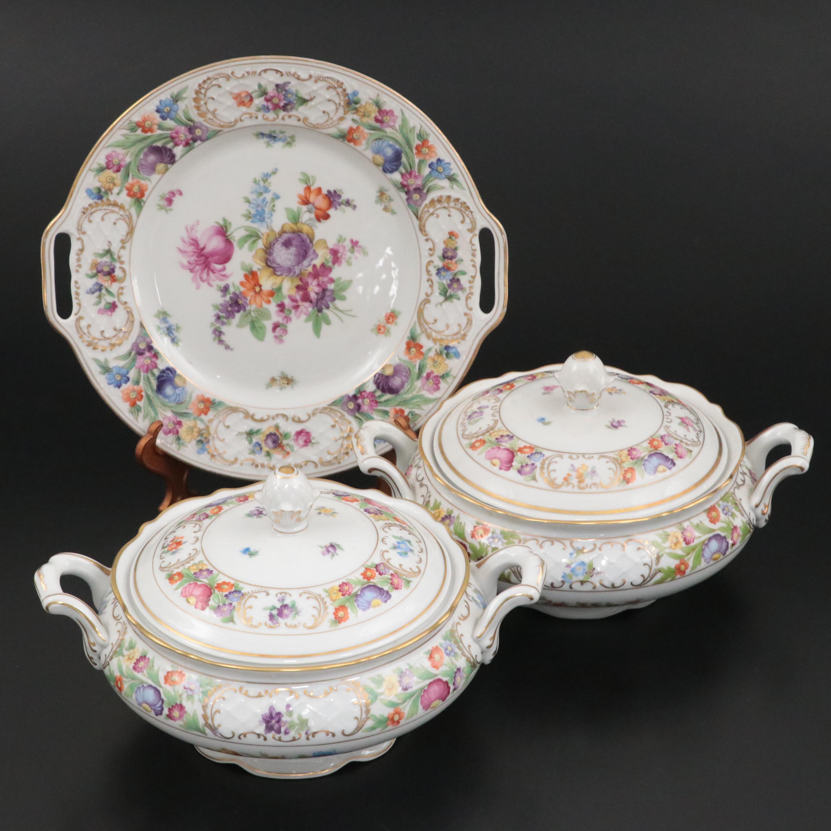 Schumann "Dresden Flowers" German Porcelain Lidded Tureens and Tray, Mid-20th C.