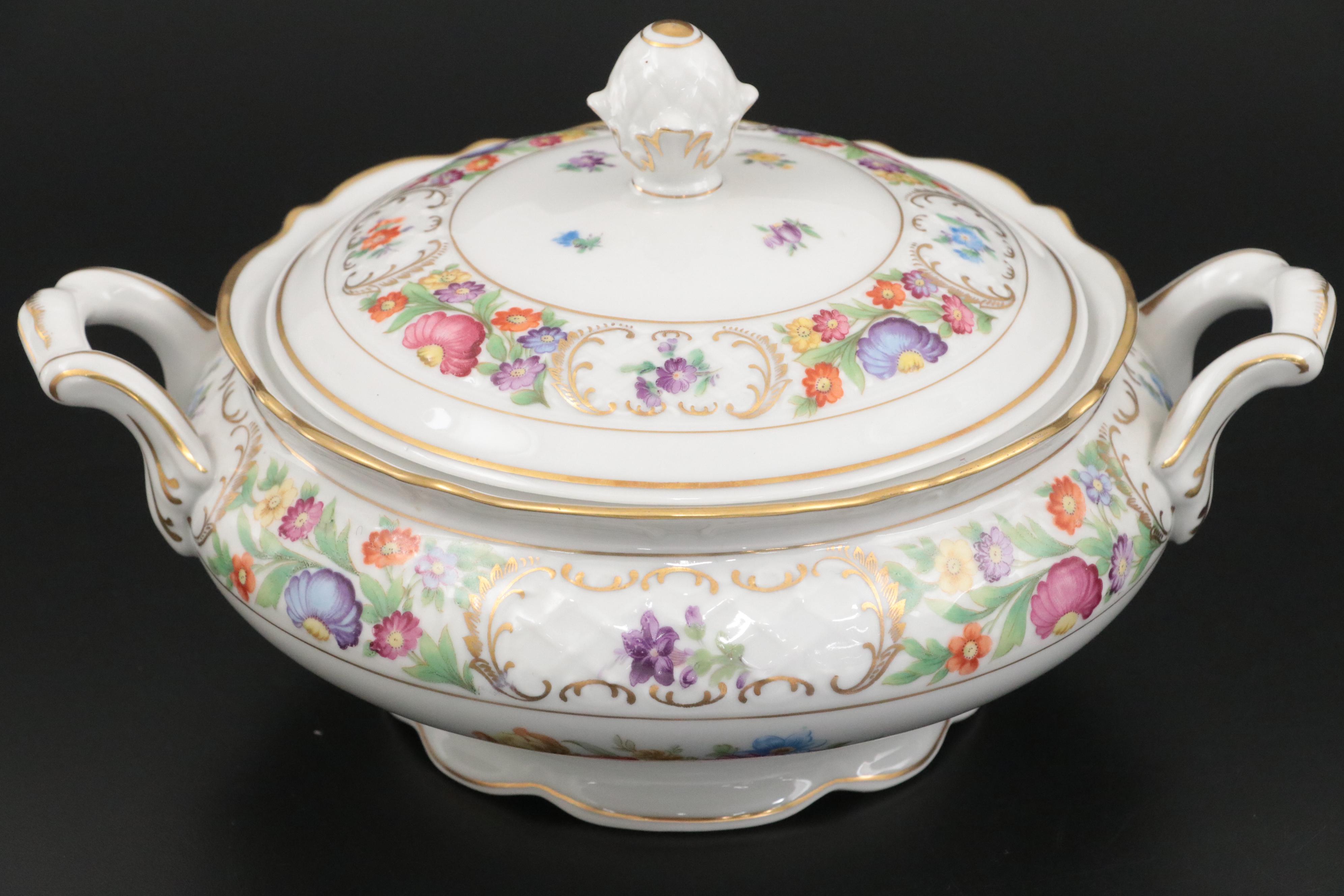 Schumann "Dresden Flowers" German Porcelain Lidded Tureens and Tray, Mid-20th C.