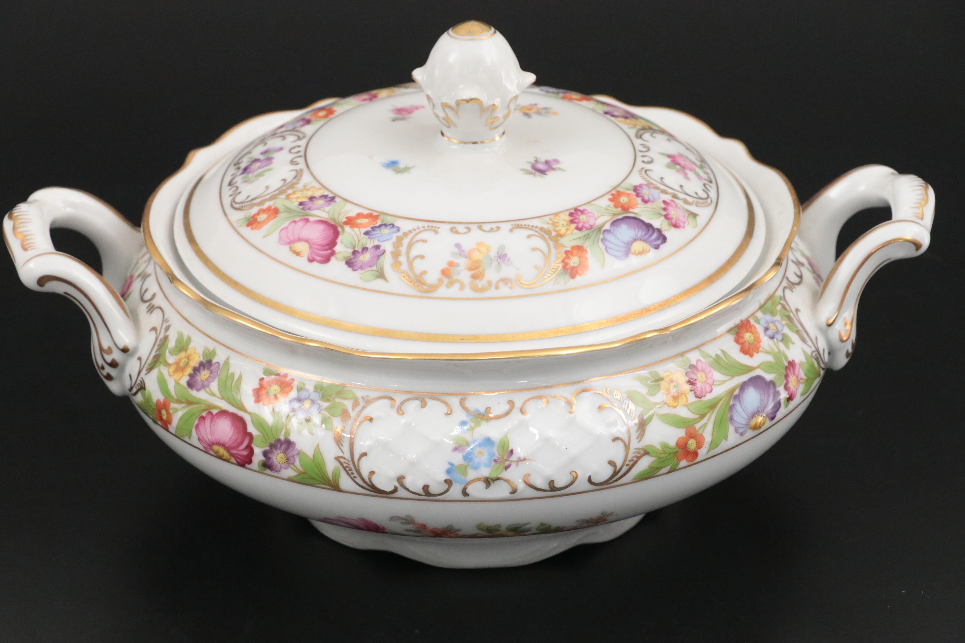 Schumann "Dresden Flowers" German Porcelain Lidded Tureens and Tray, Mid-20th C.