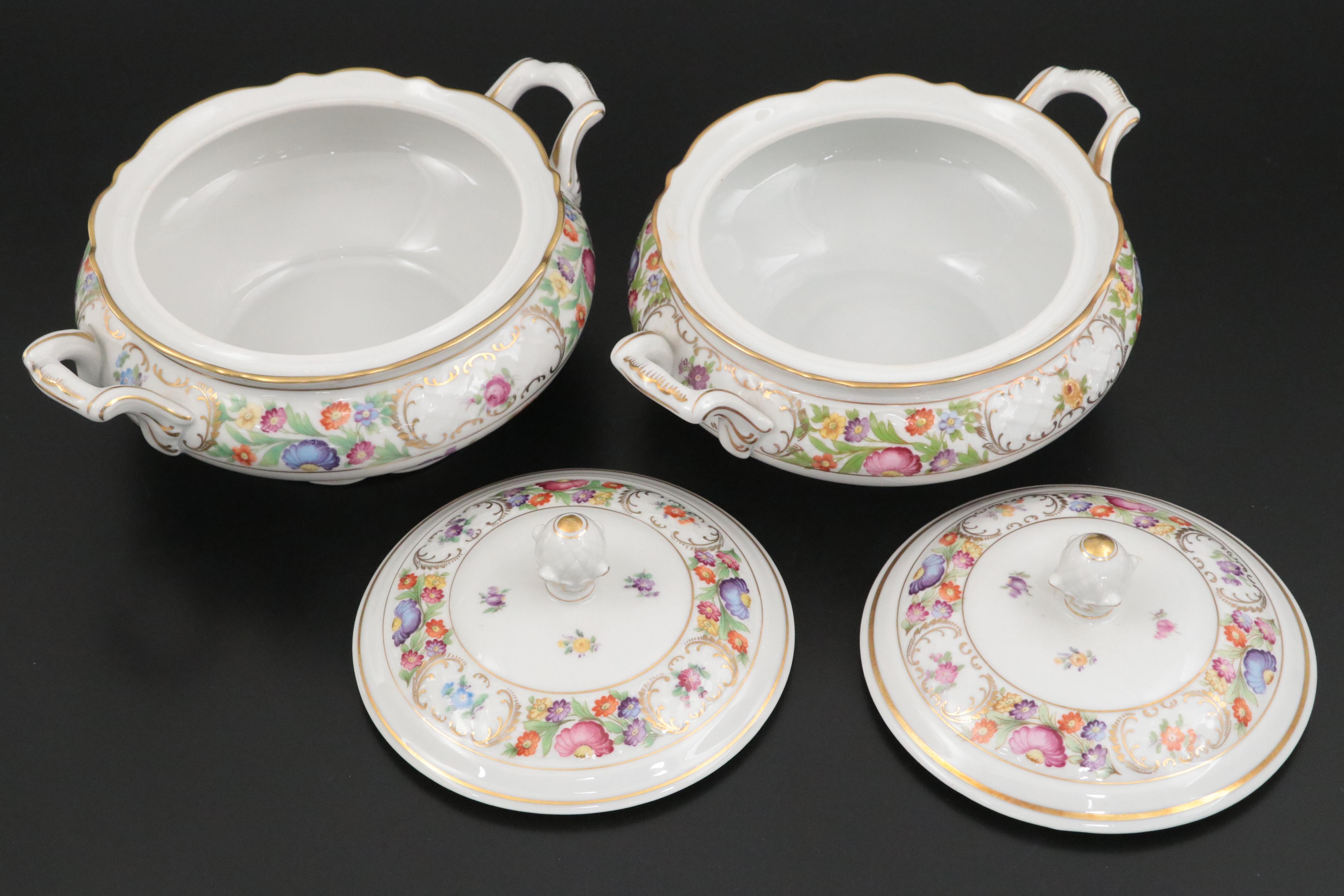 Schumann "Dresden Flowers" German Porcelain Lidded Tureens and Tray, Mid-20th C.