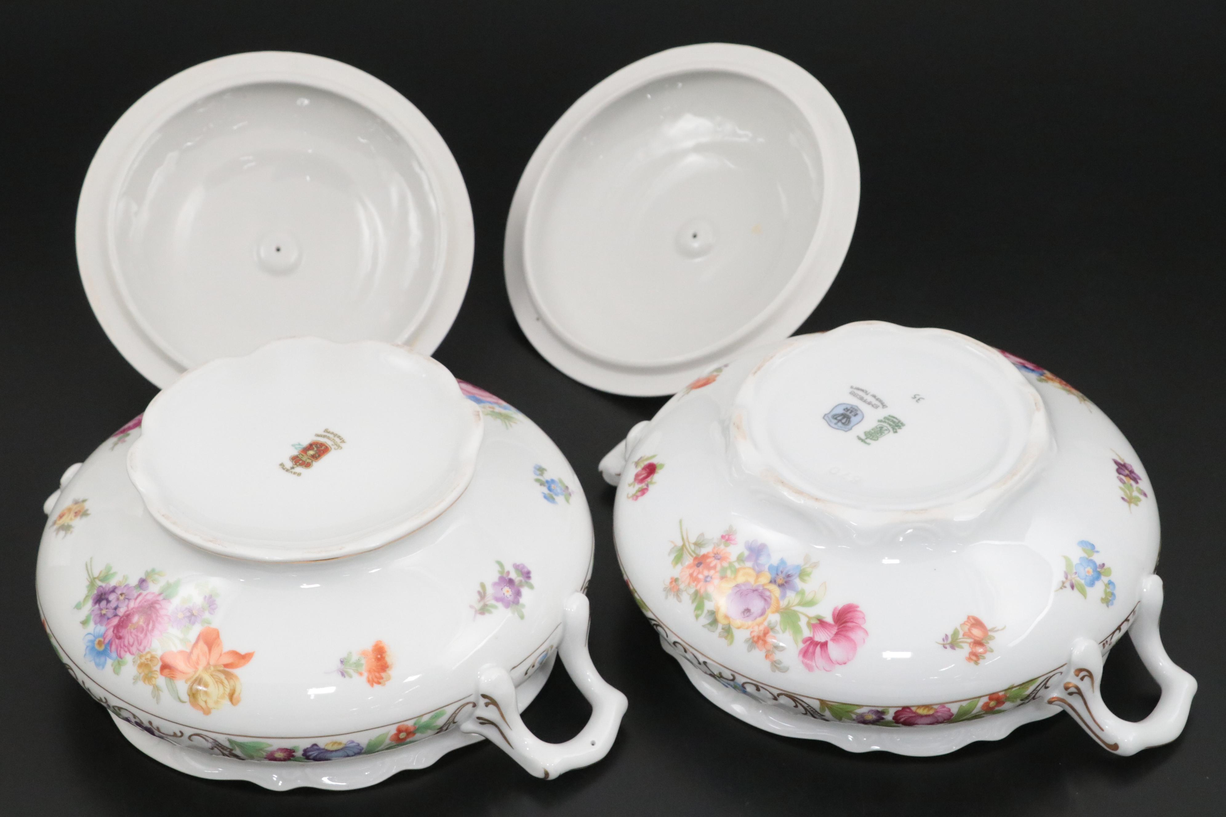 Schumann "Dresden Flowers" German Porcelain Lidded Tureens and Tray, Mid-20th C.