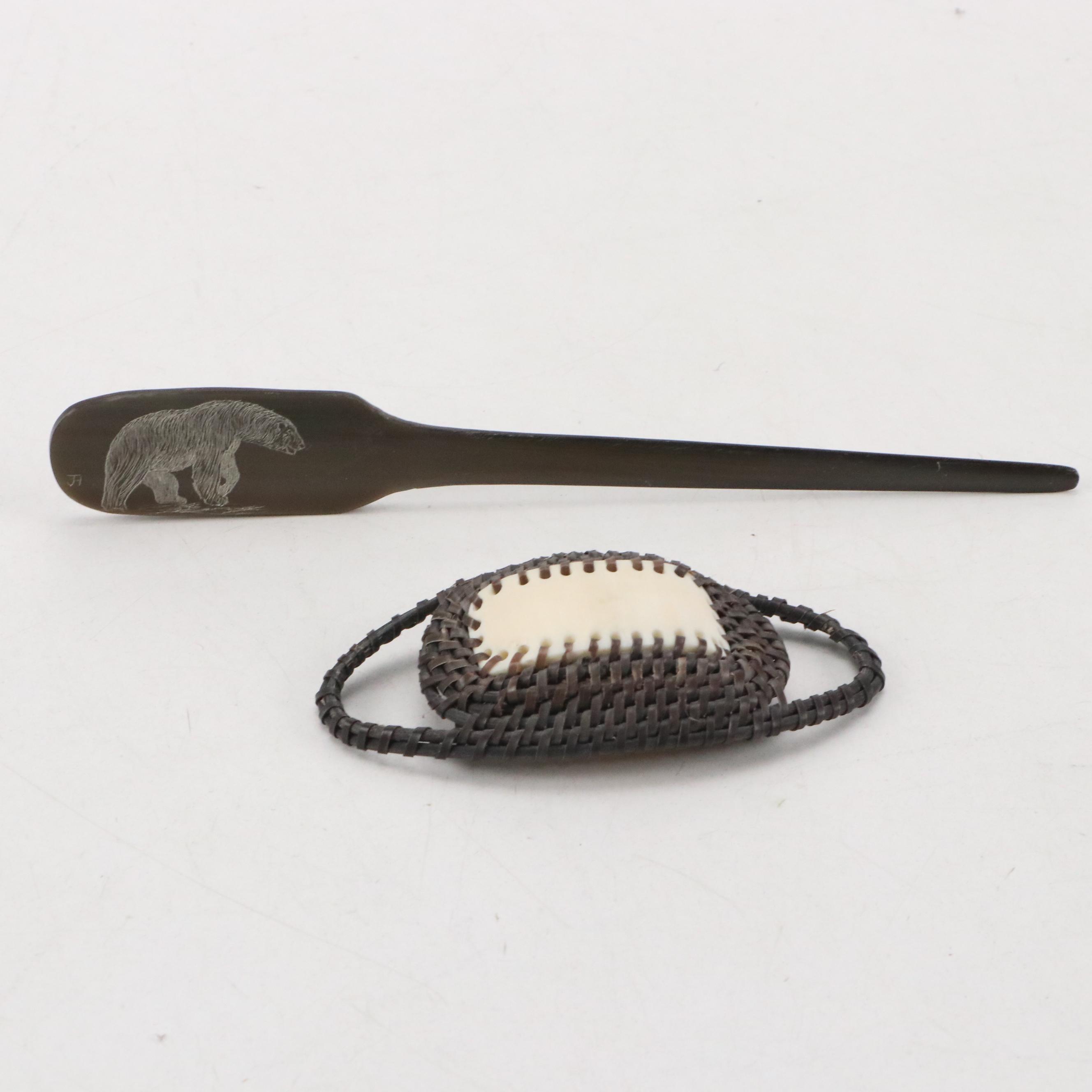 Native Alaskan Hair Pin in Woven Baleen and Etched Antler