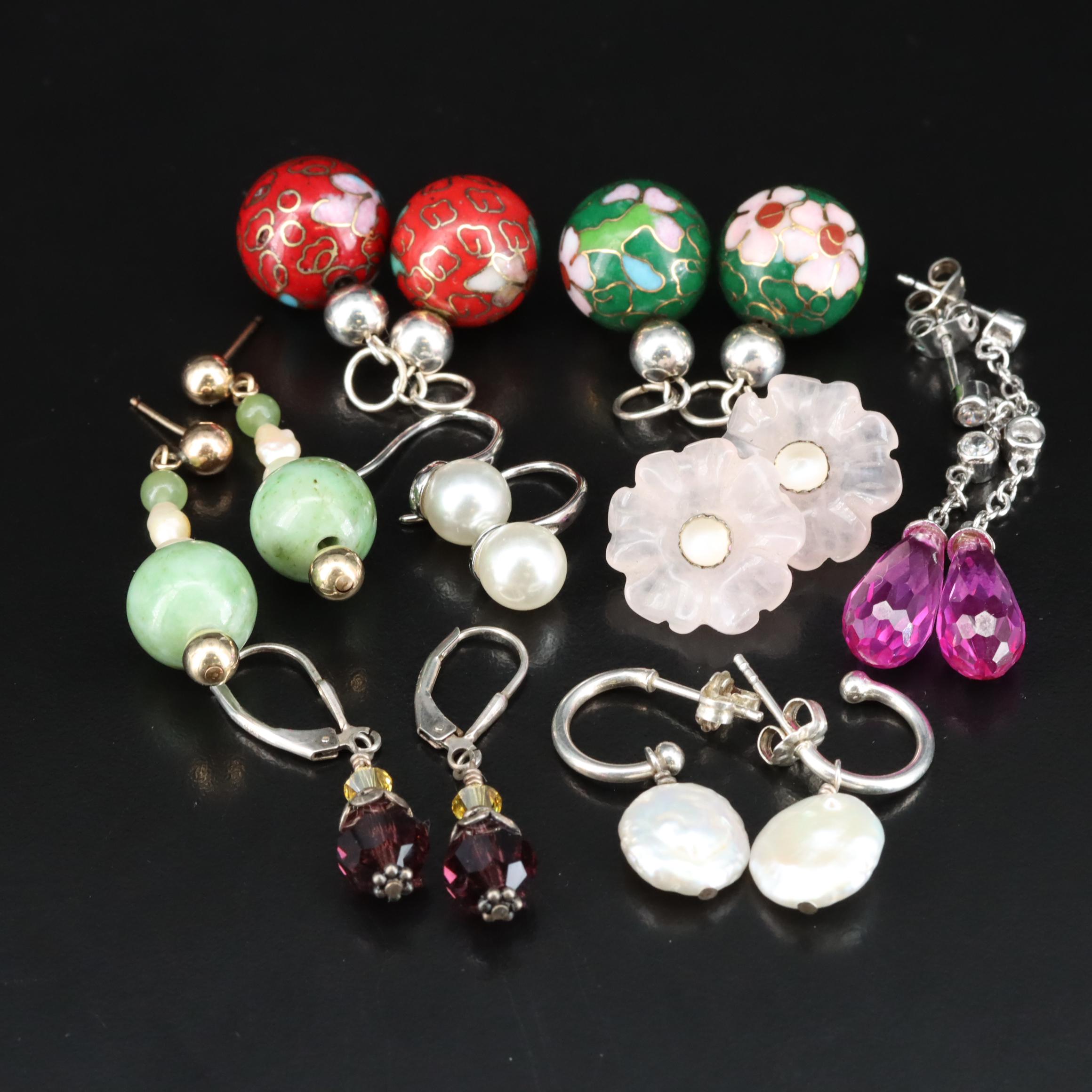 Sterling Earrings and Pendants Including Cloisonné, Moonstone and Rose Quartz