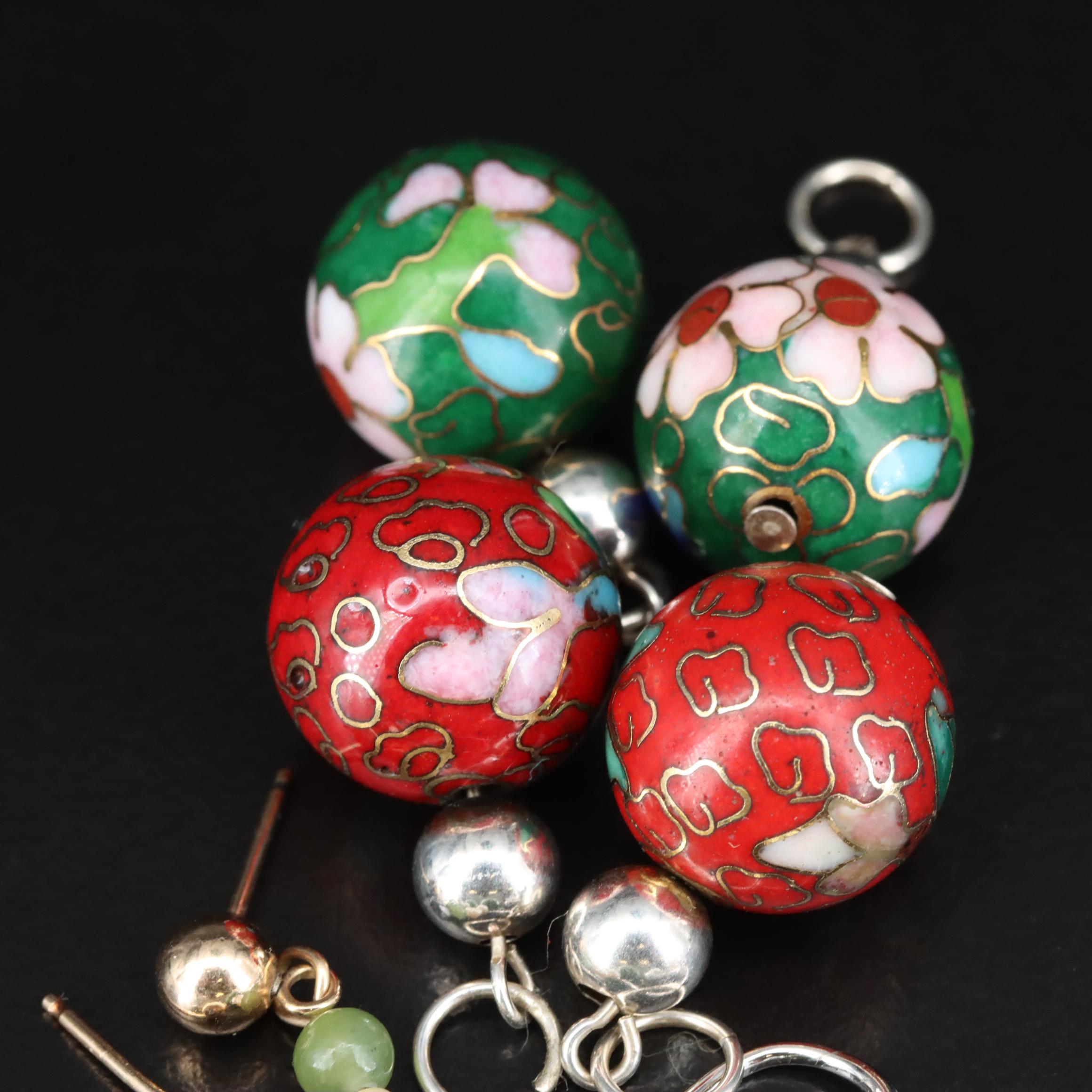 Sterling Earrings and Pendants Including Cloisonné, Moonstone and Rose Quartz