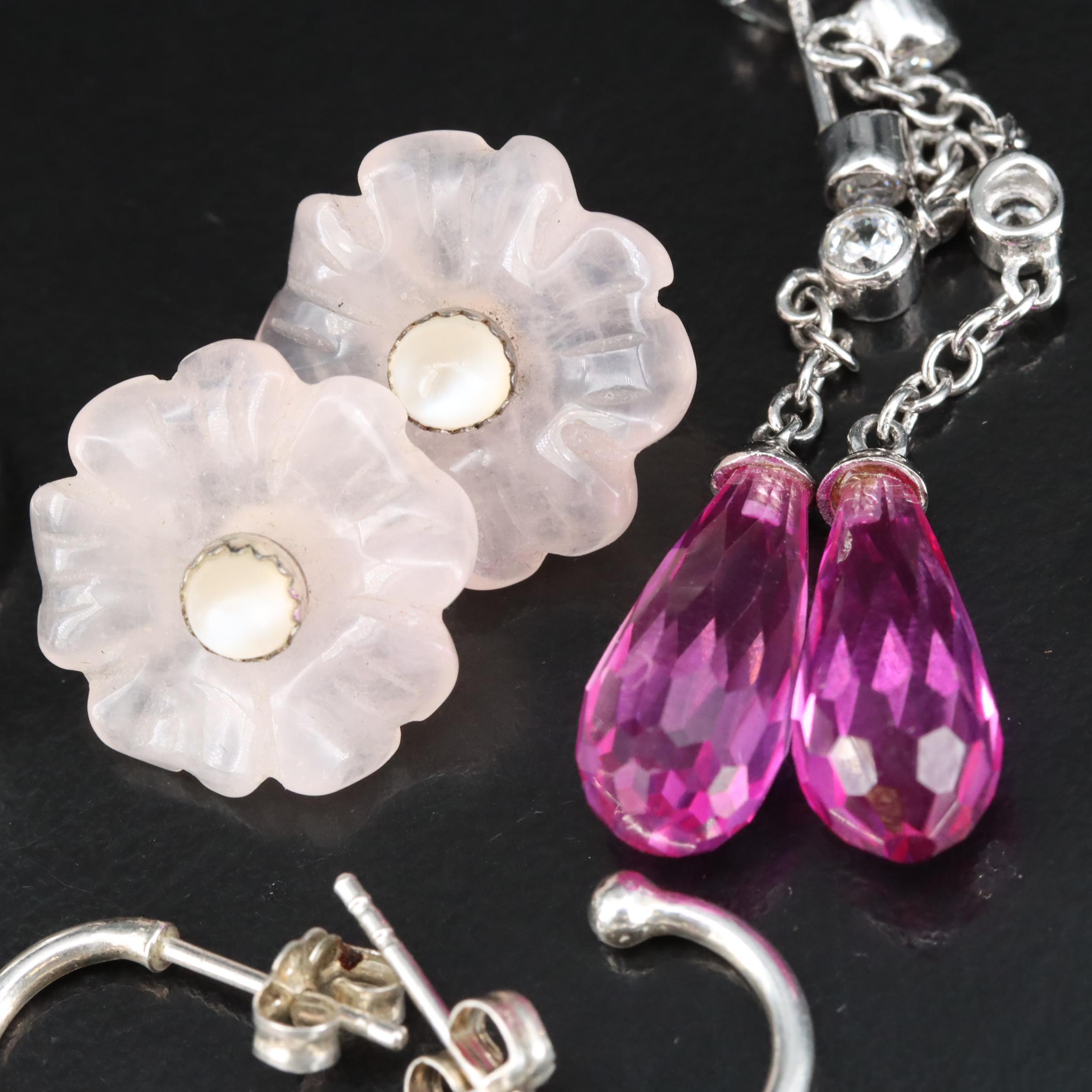 Sterling Earrings and Pendants Including Cloisonné, Moonstone and Rose Quartz