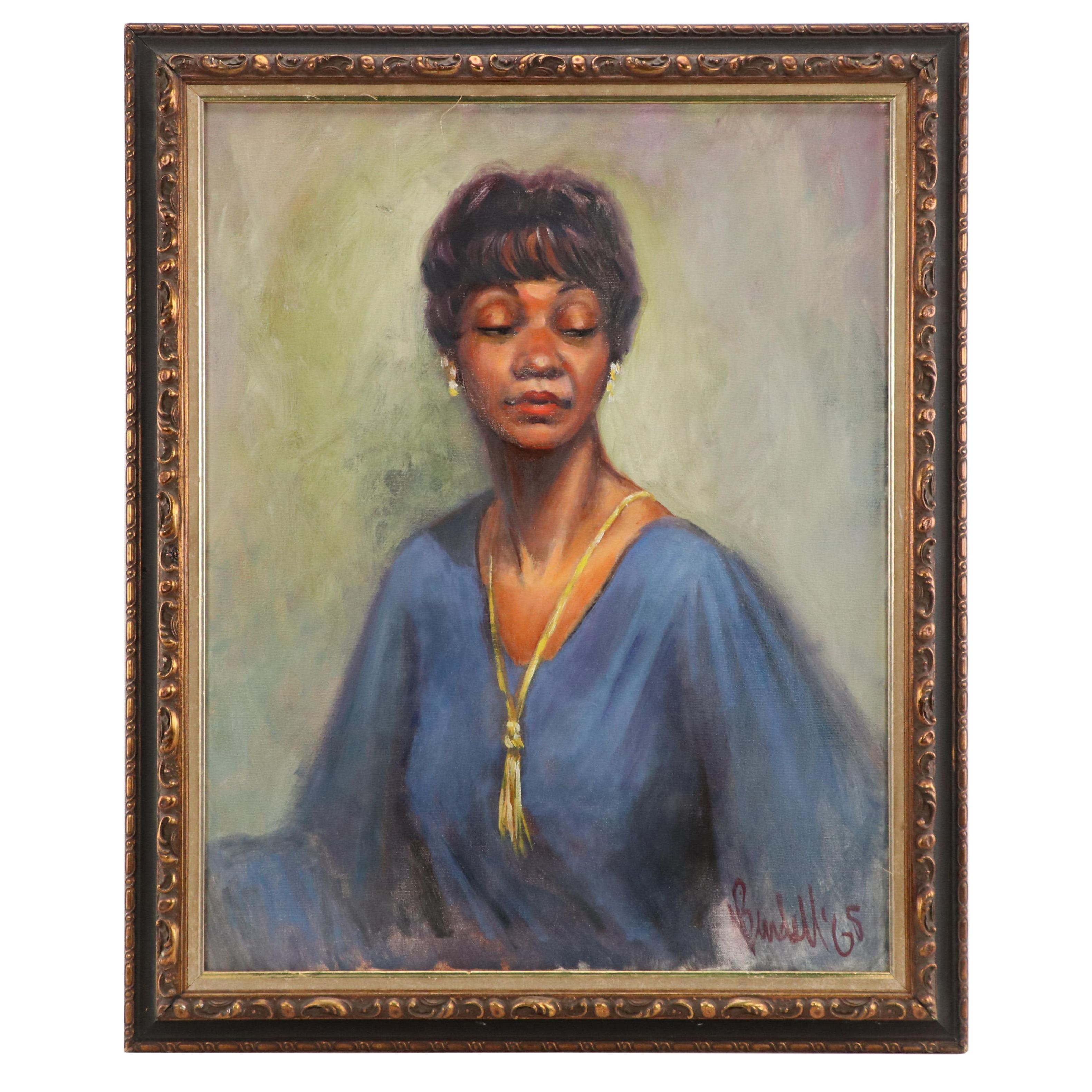 Marilyn Bendell Alla Prima Portrait Oil Painting of Woman in Blue, 1965