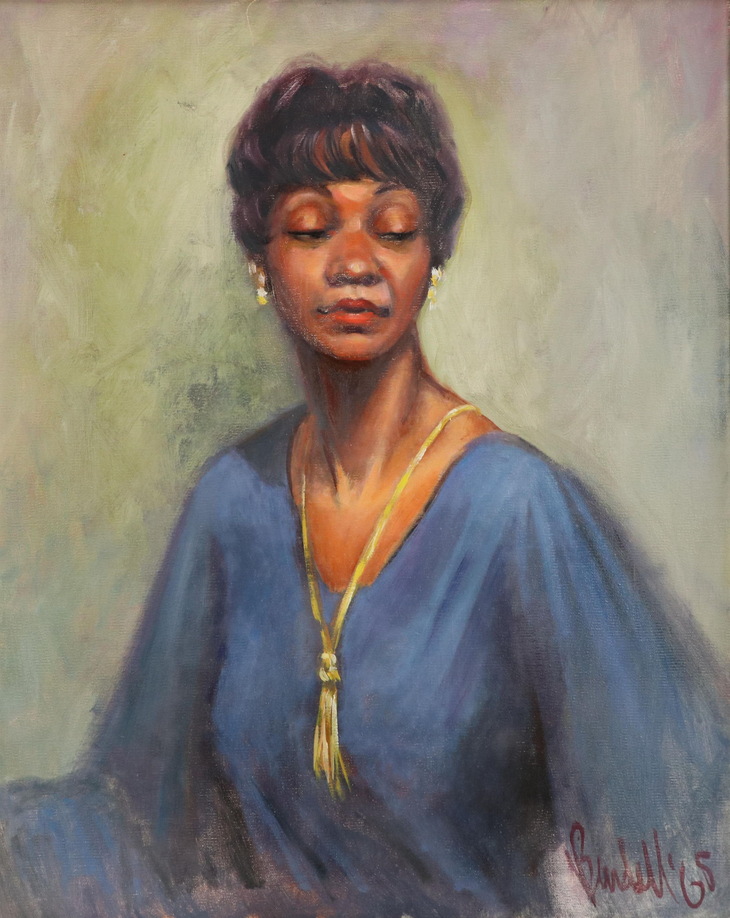 Marilyn Bendell Alla Prima Portrait Oil Painting of Woman in Blue, 1965
