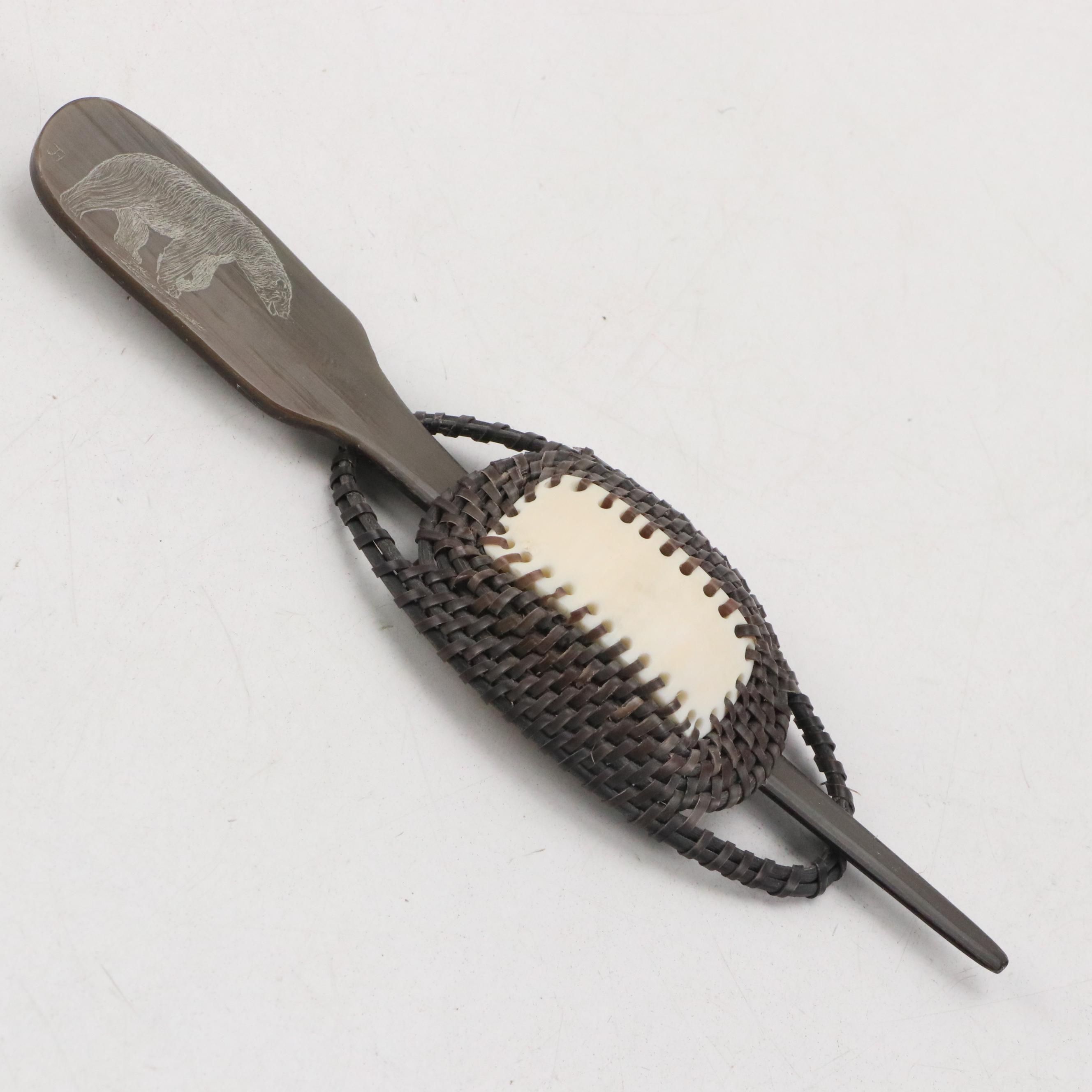 Native Alaskan Hair Pin in Woven Baleen and Etched Antler