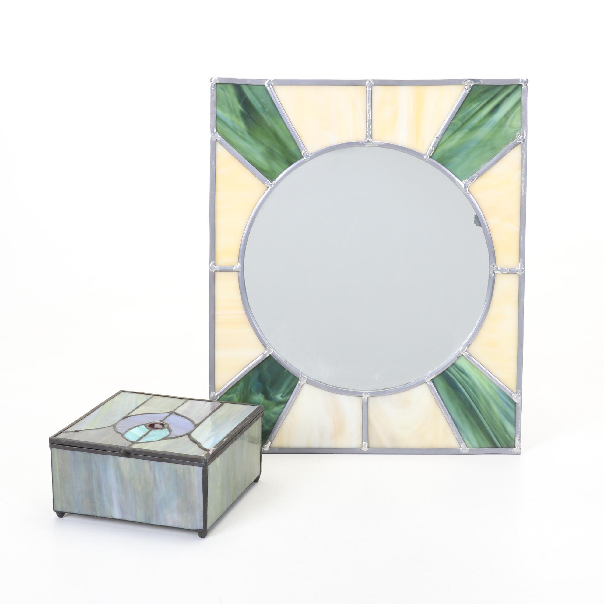 Slag Glass Trinket Box With Leaded Slag Glass Wall Mirror