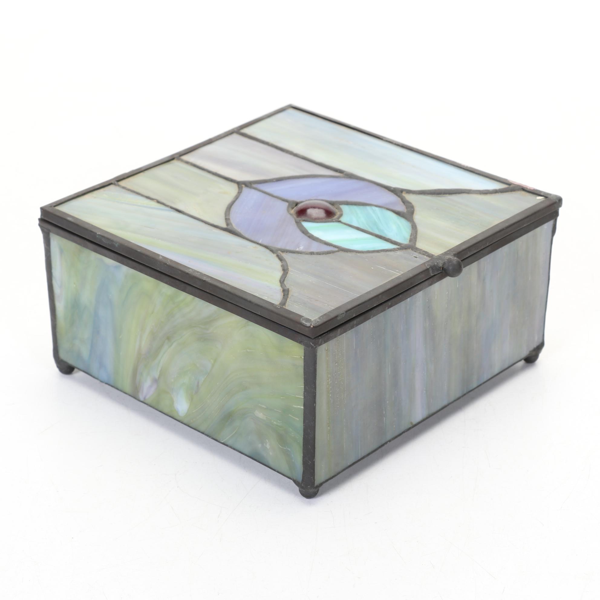 Slag Glass Trinket Box With Leaded Slag Glass Wall Mirror