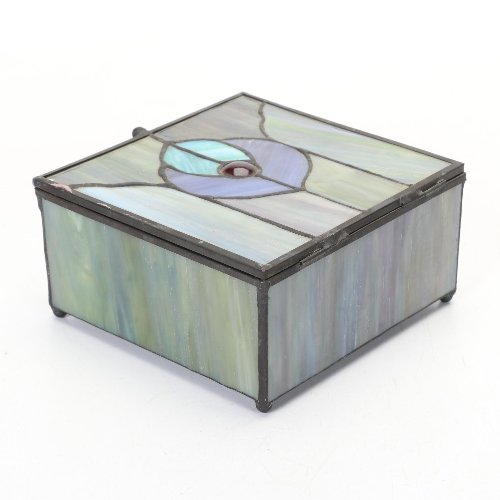 Slag Glass Trinket Box With Leaded Slag Glass Wall Mirror