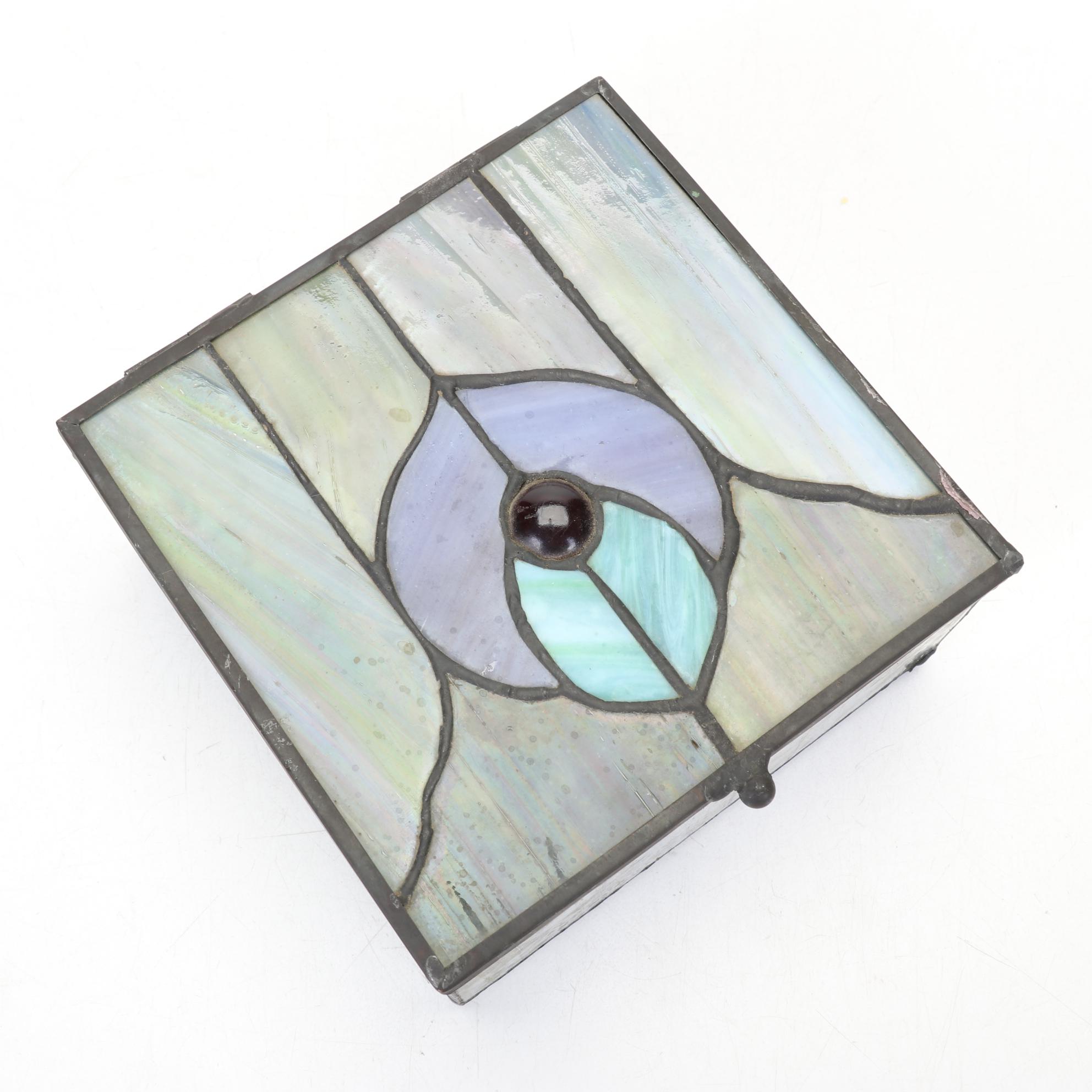 Slag Glass Trinket Box With Leaded Slag Glass Wall Mirror