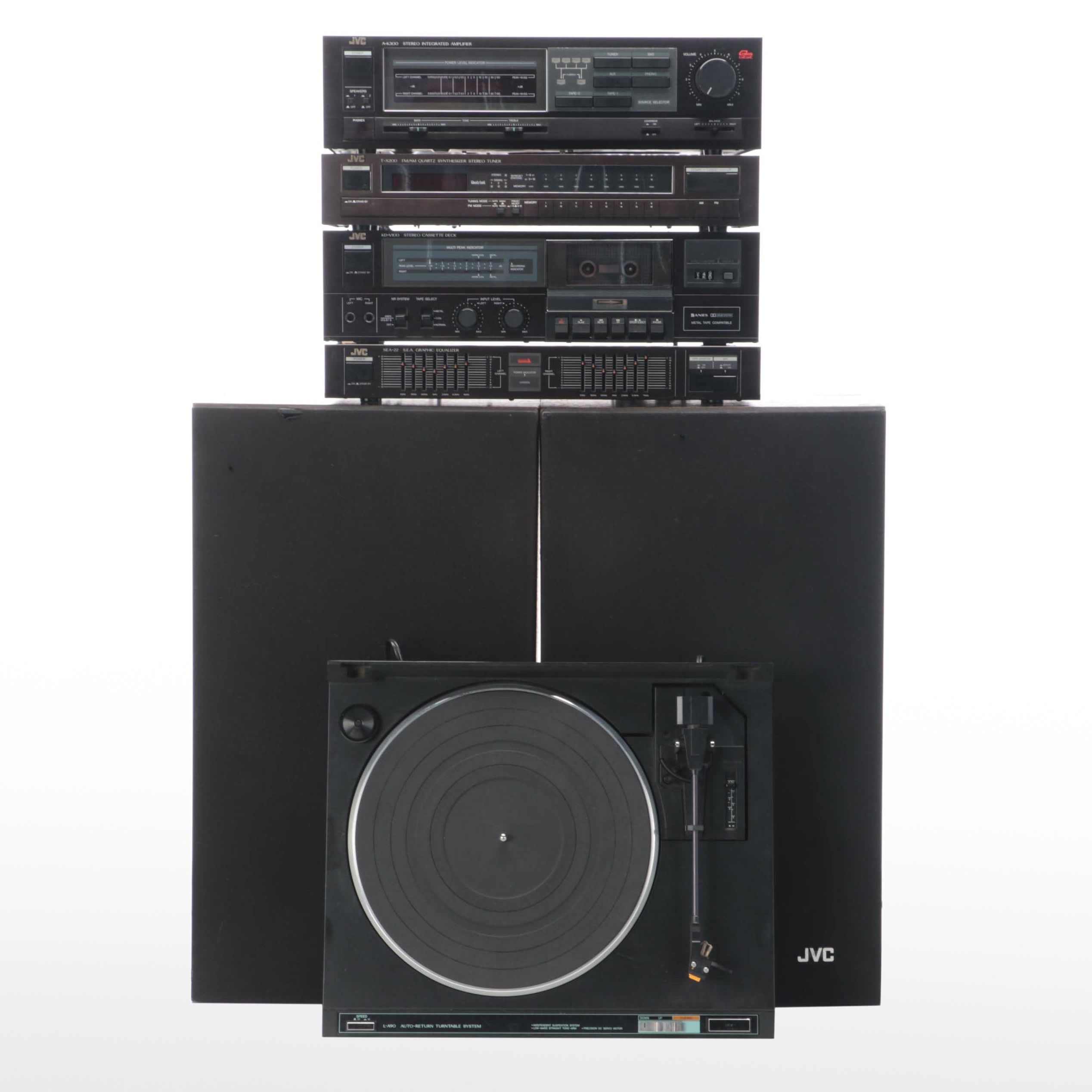 JVC Stereo Amplifier with Tuner, Cassette Deck, Equalizer, Turntable, Speakers