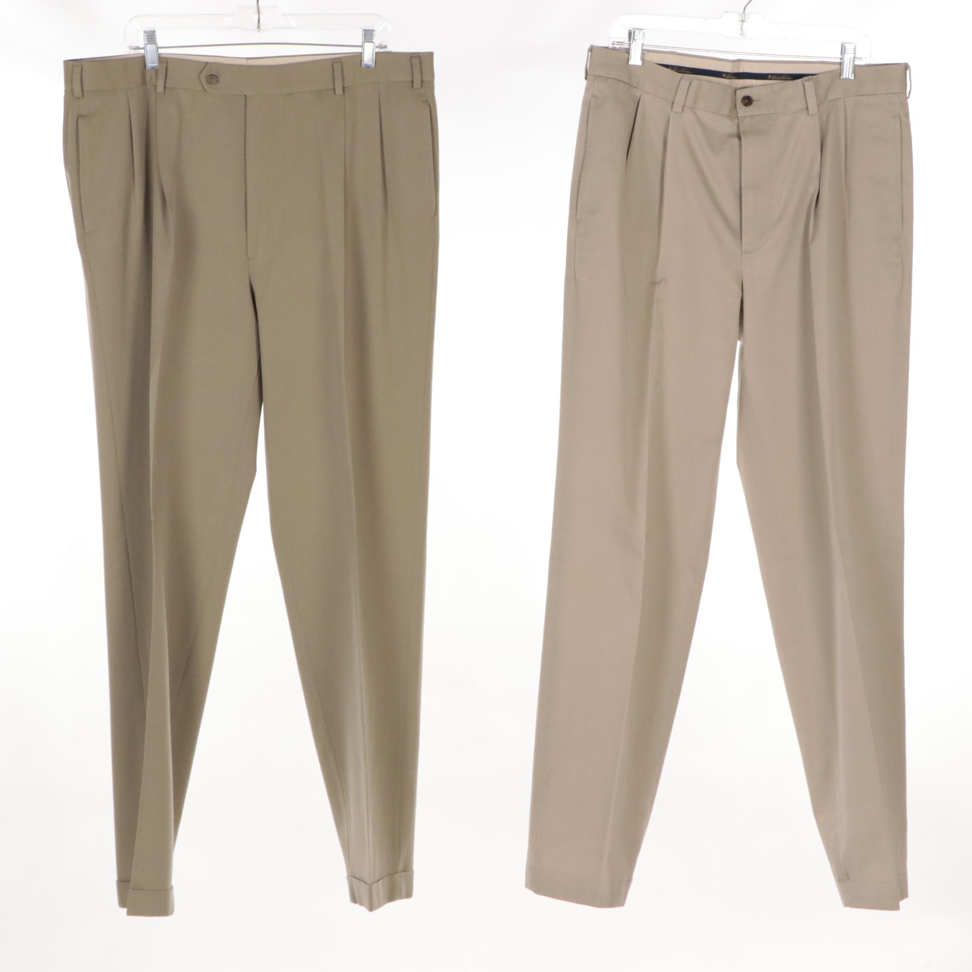 Men's Brooks Brothers Khaki Pleat-Front Wool Blend Trousers