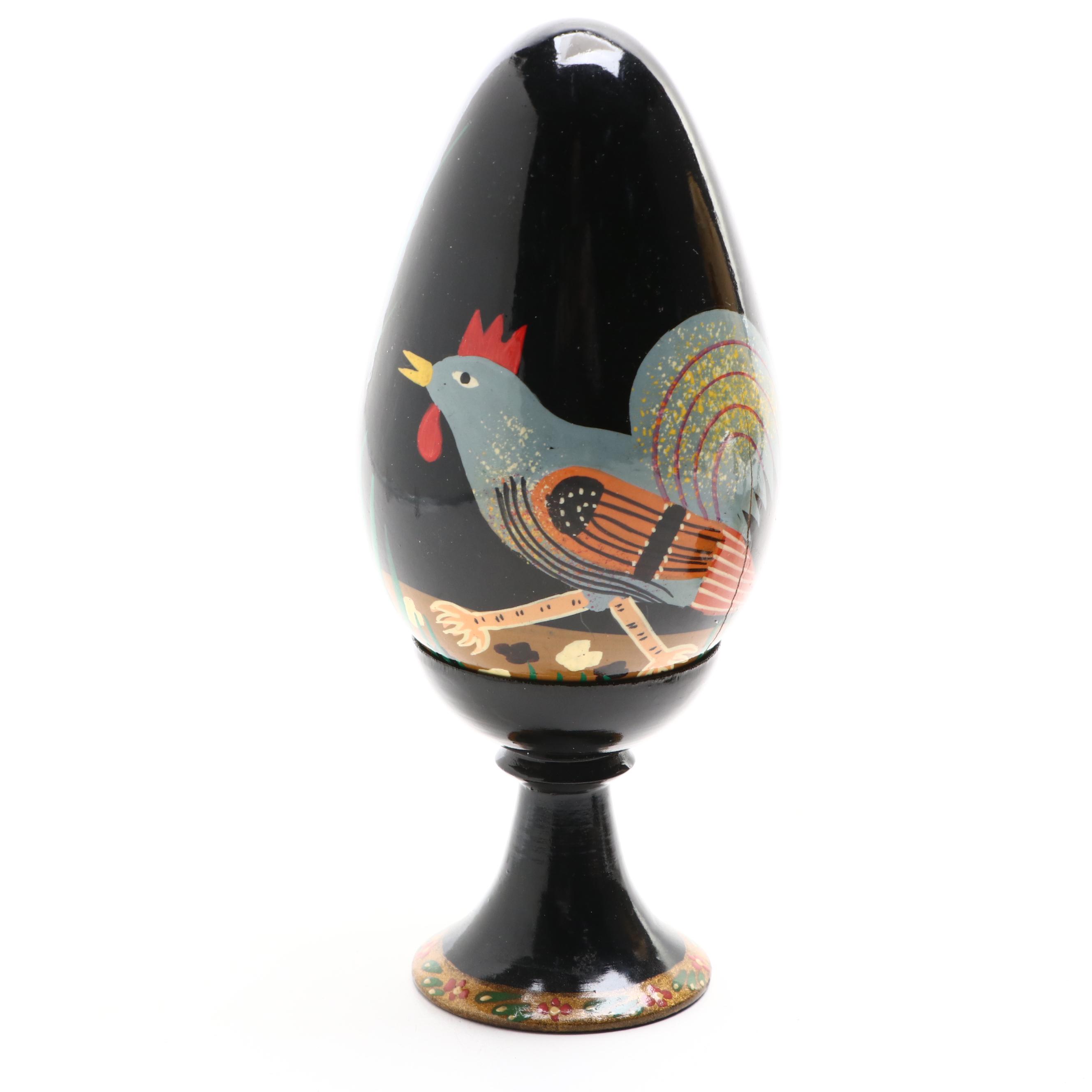 Hand-Painted Russian Style Lacquered Wood Egg Figurines with Stands
