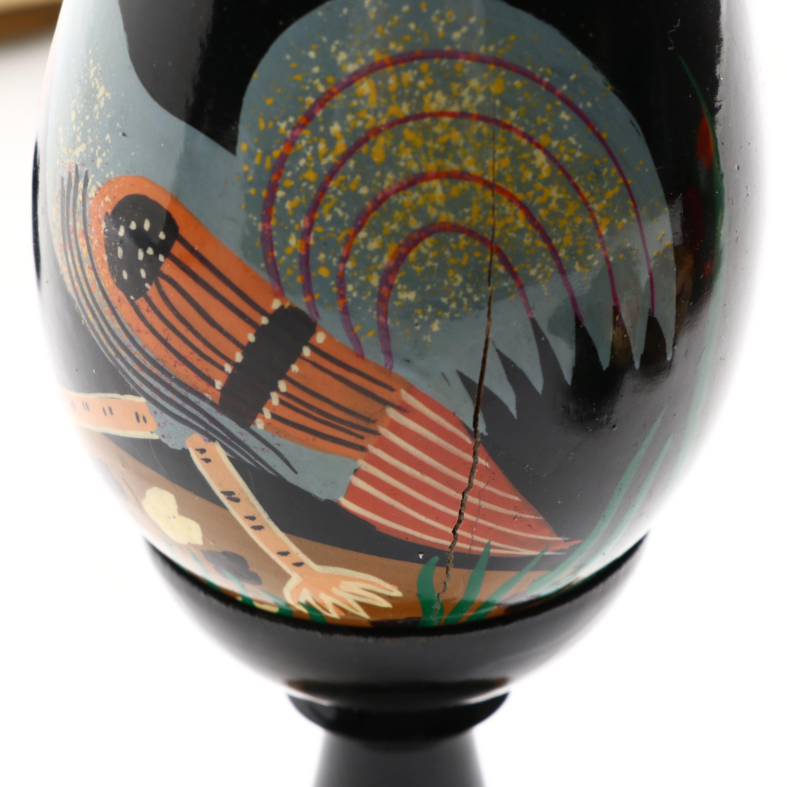 Hand-Painted Russian Style Lacquered Wood Egg Figurines with Stands