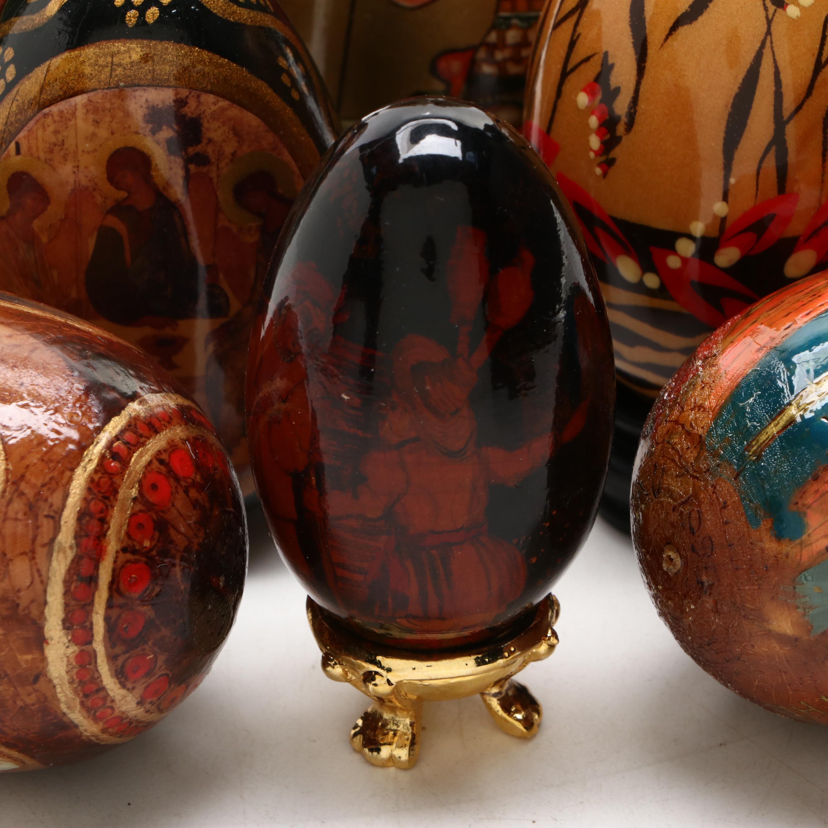 Hand-Painted Russian Style Lacquered Wood Egg Figurines with Stands