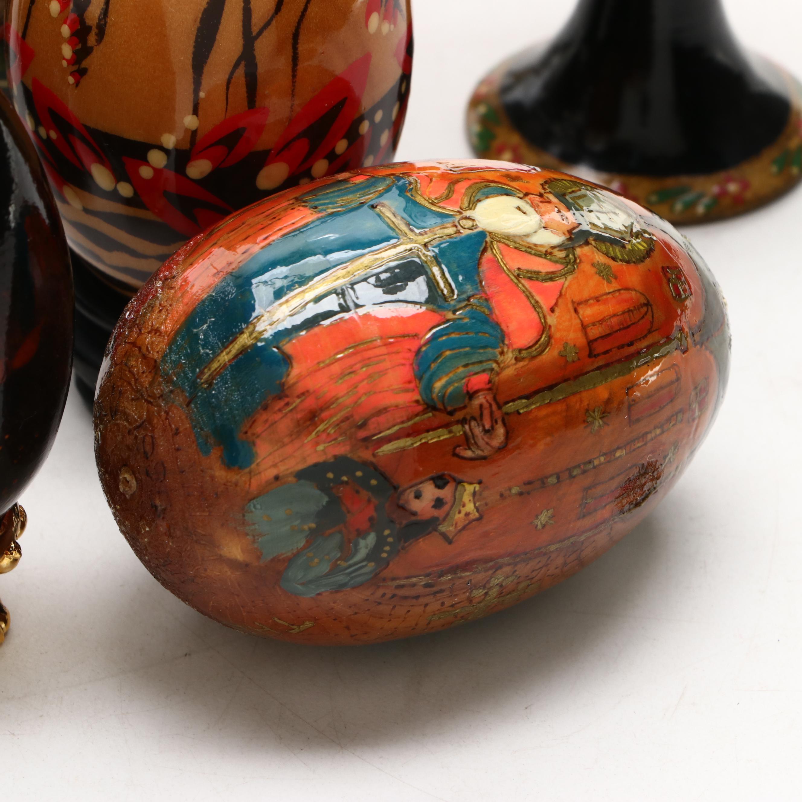 Hand-Painted Russian Style Lacquered Wood Egg Figurines with Stands