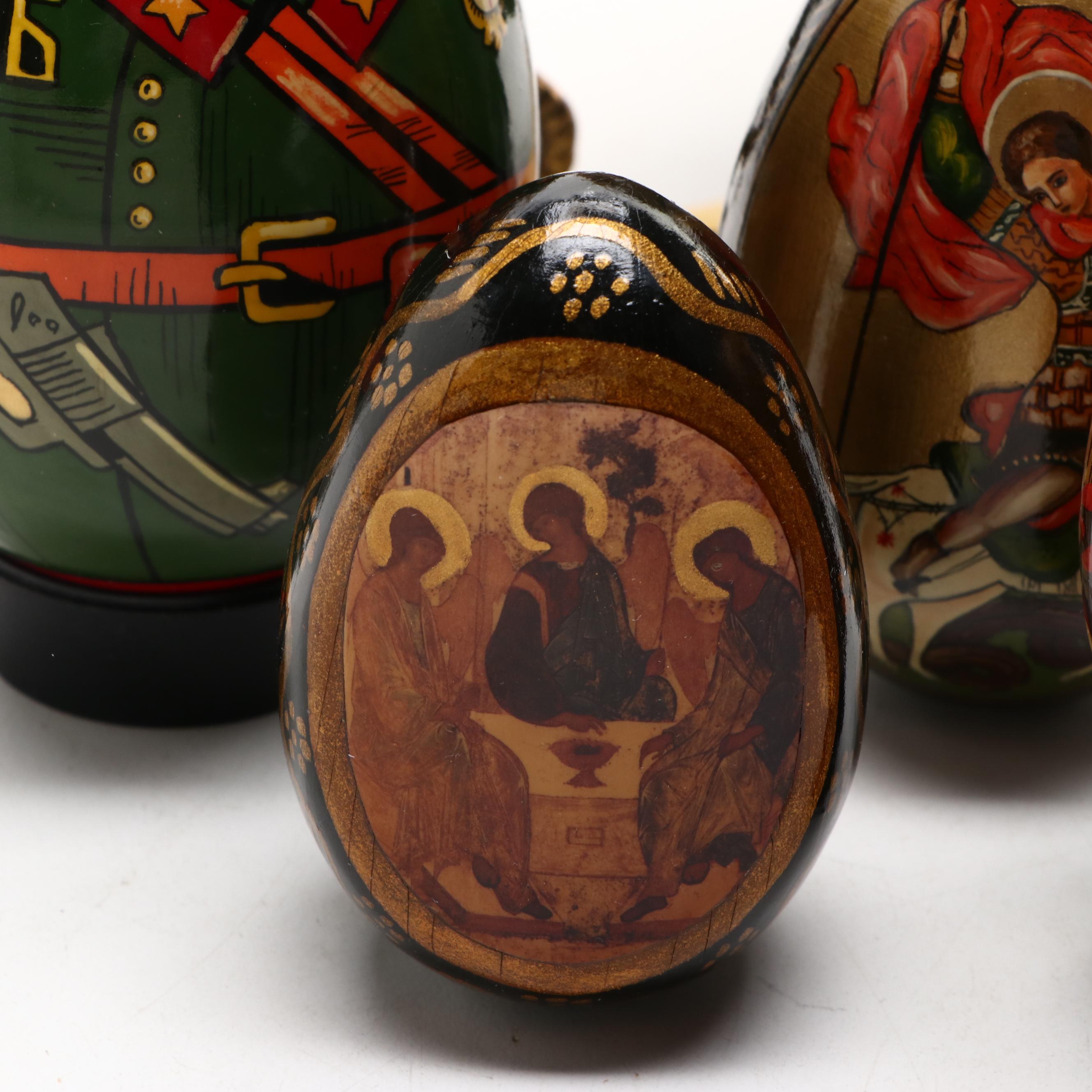 Hand-Painted Russian Style Lacquered Wood Egg Figurines with Stands