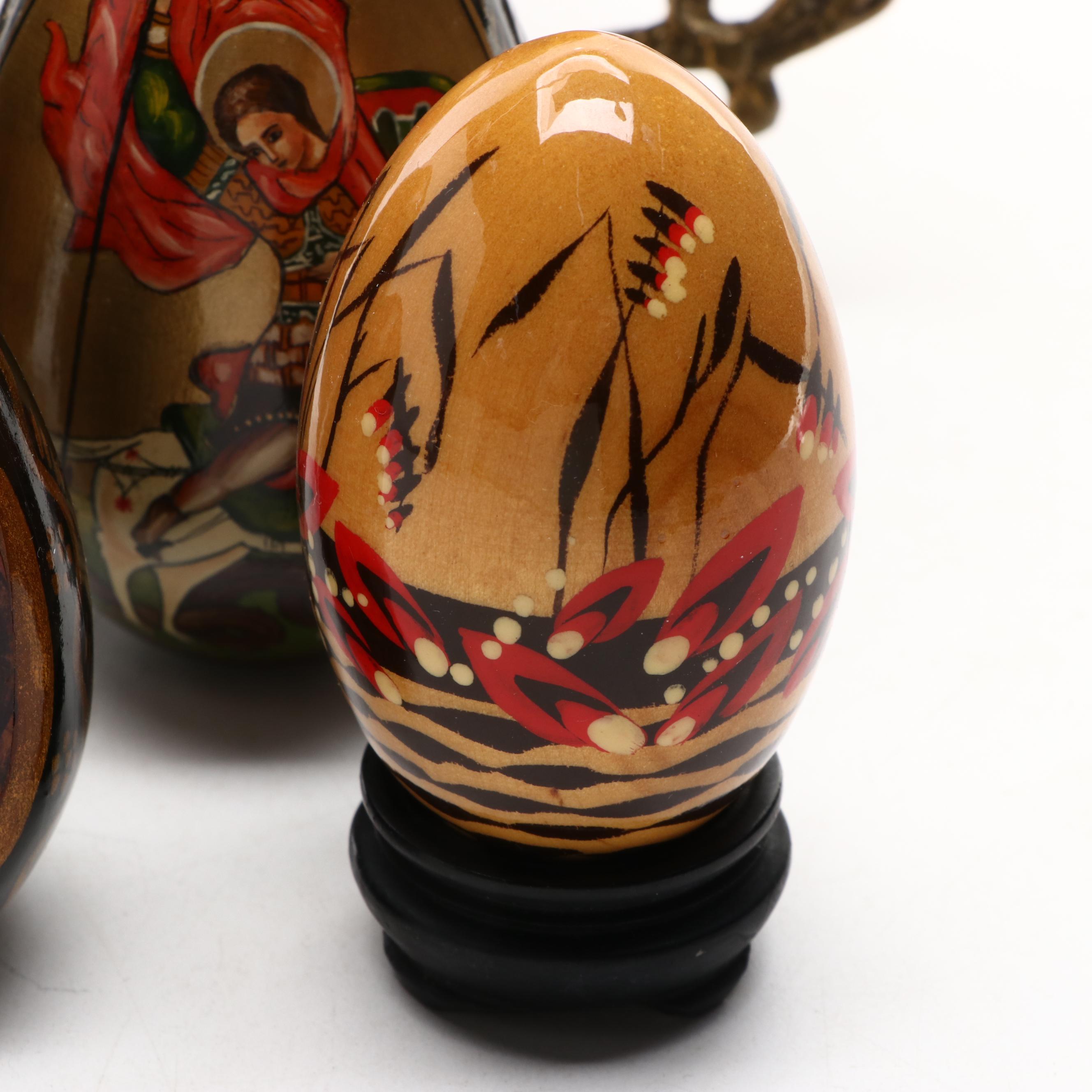 Hand-Painted Russian Style Lacquered Wood Egg Figurines with Stands