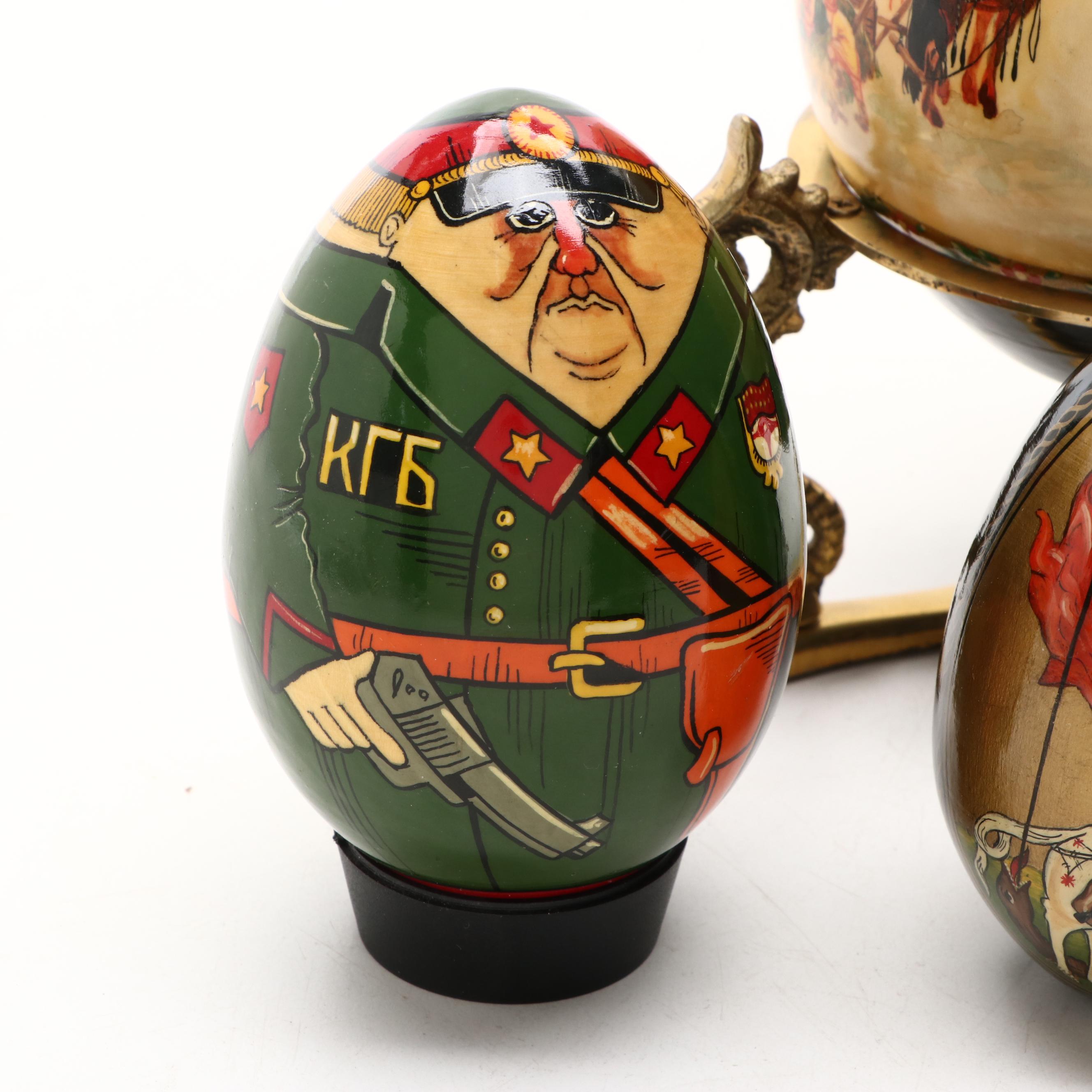 Hand-Painted Russian Style Lacquered Wood Egg Figurines with Stands