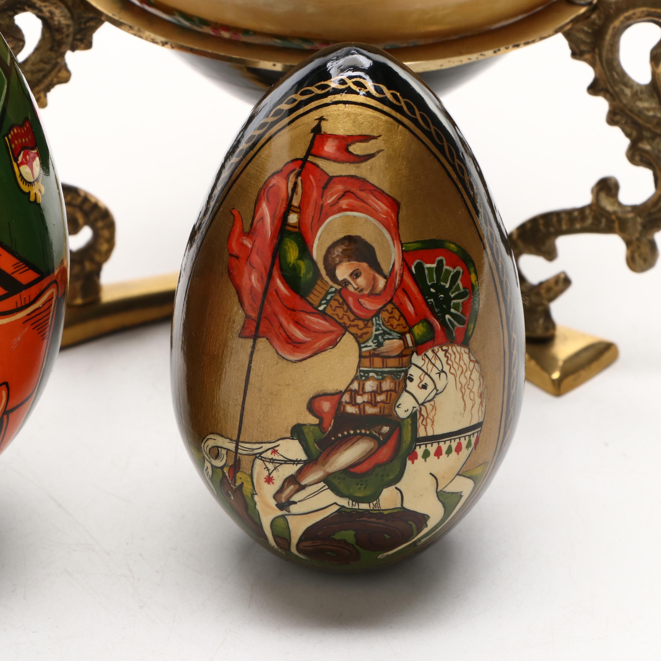 Hand-Painted Russian Style Lacquered Wood Egg Figurines with Stands