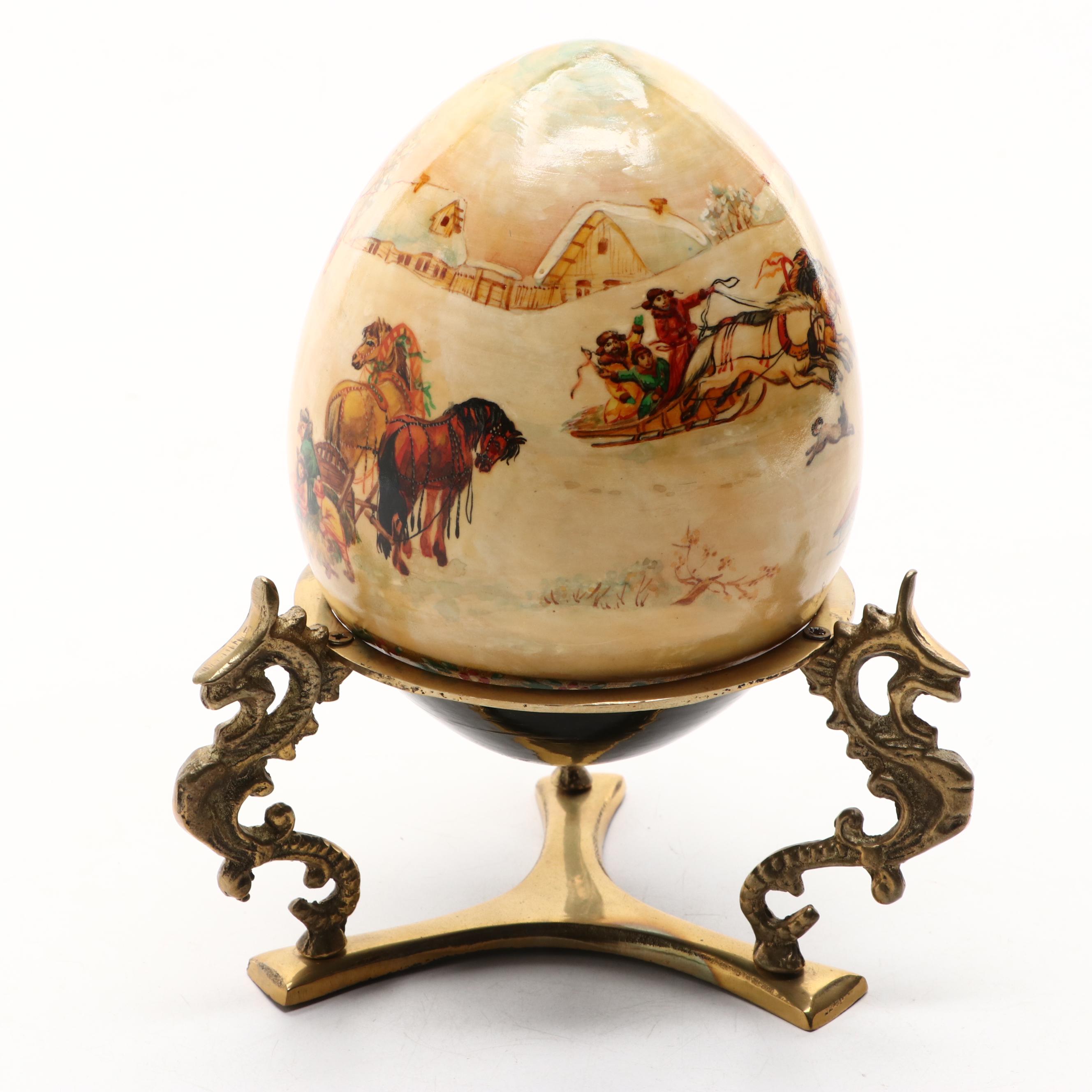 Hand-Painted Russian Style Lacquered Wood Egg Figurines with Stands