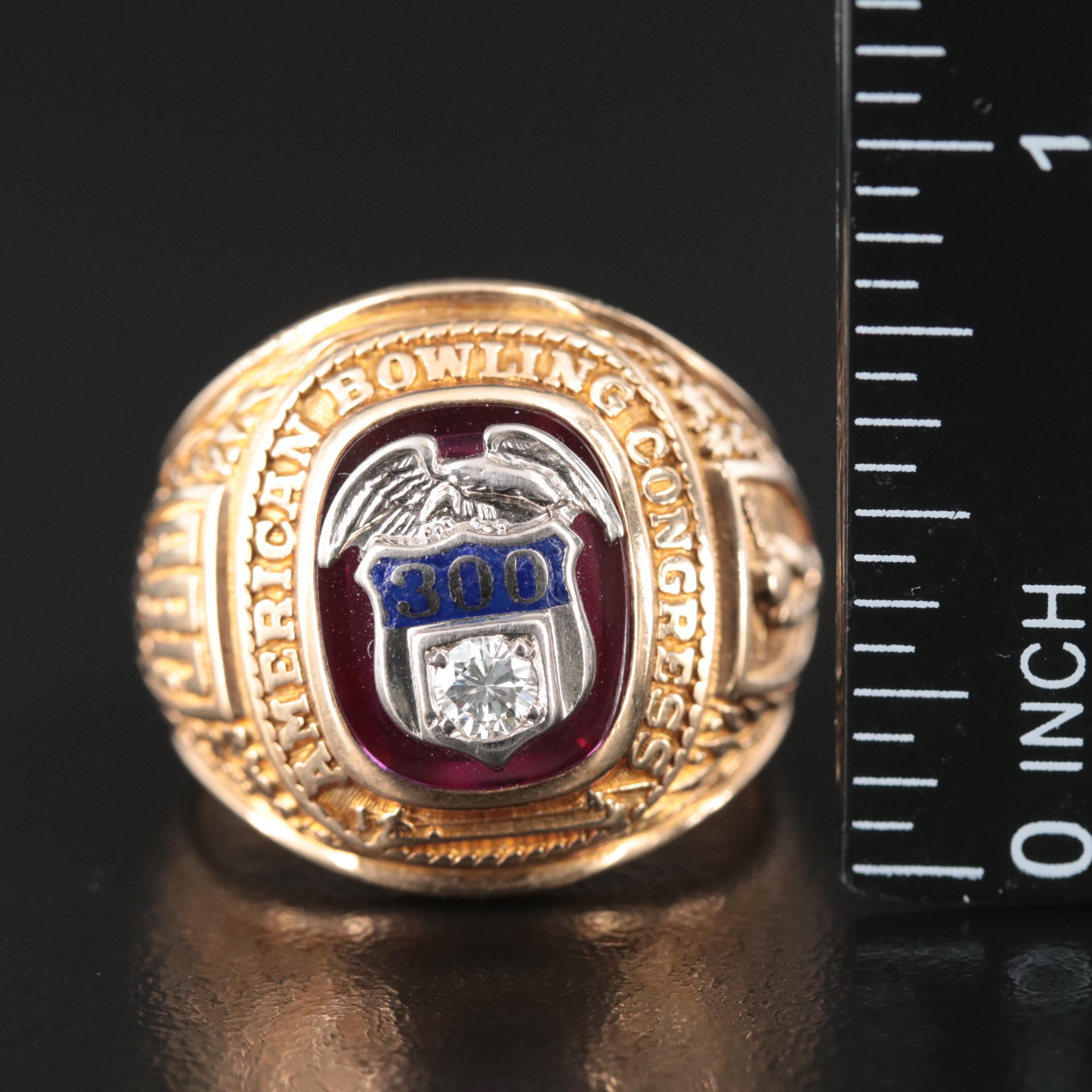 10K Diamond and Ruby American Bowling Congress 300 Game Ring