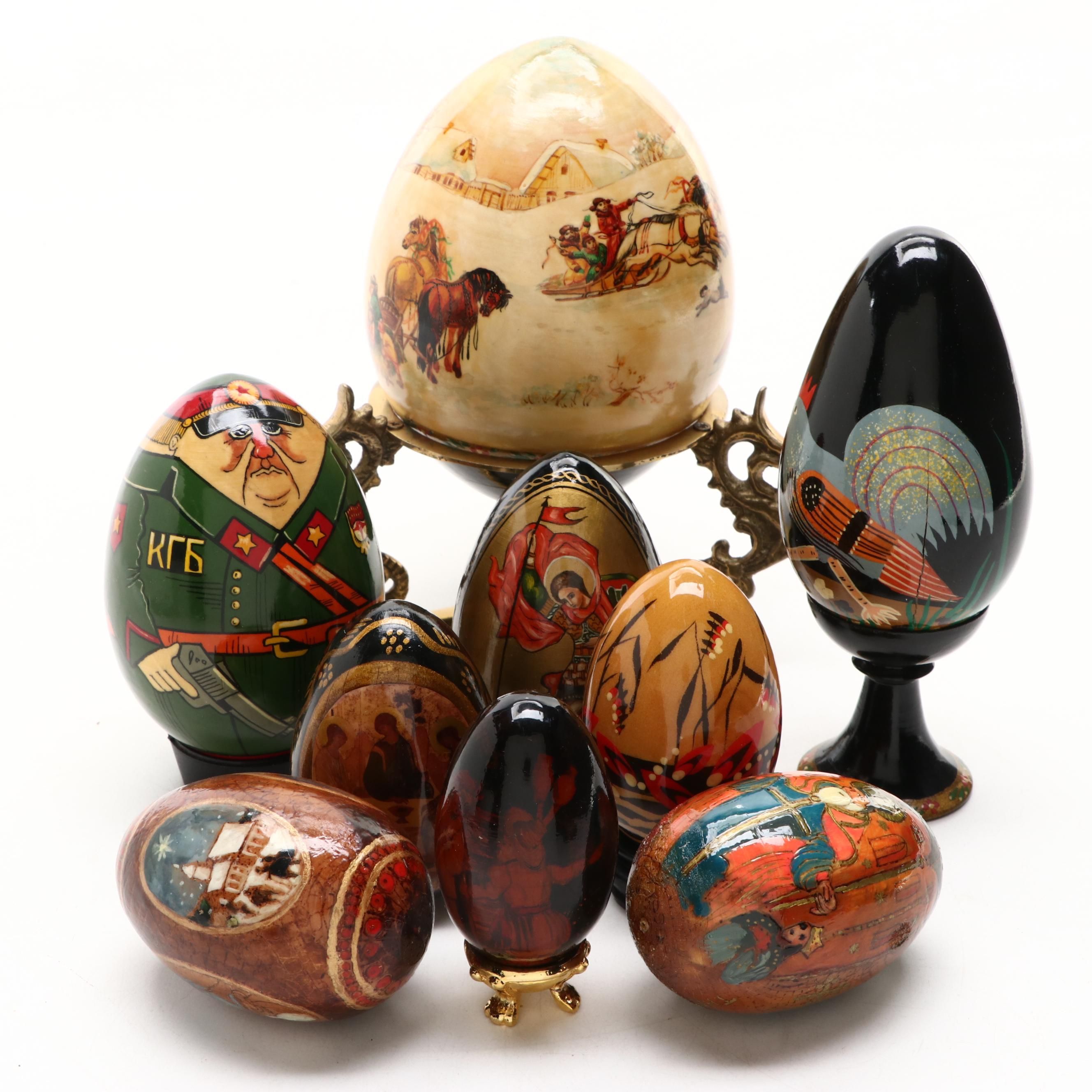 Hand-Painted Russian Style Lacquered Wood Egg Figurines with Stands