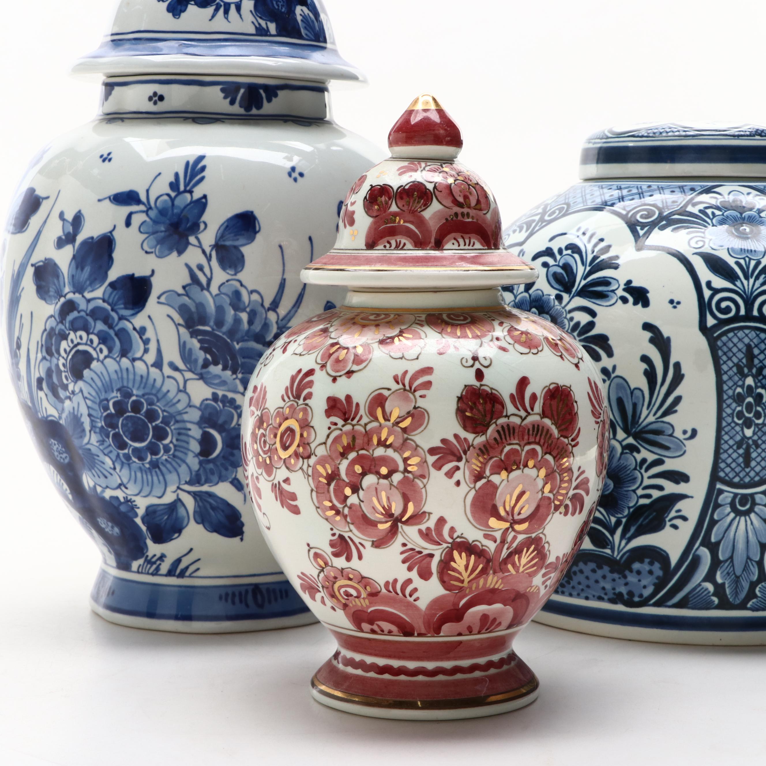 Delfts Pottery Hand-Painted Floral Motif Ceramic Ginger Jars