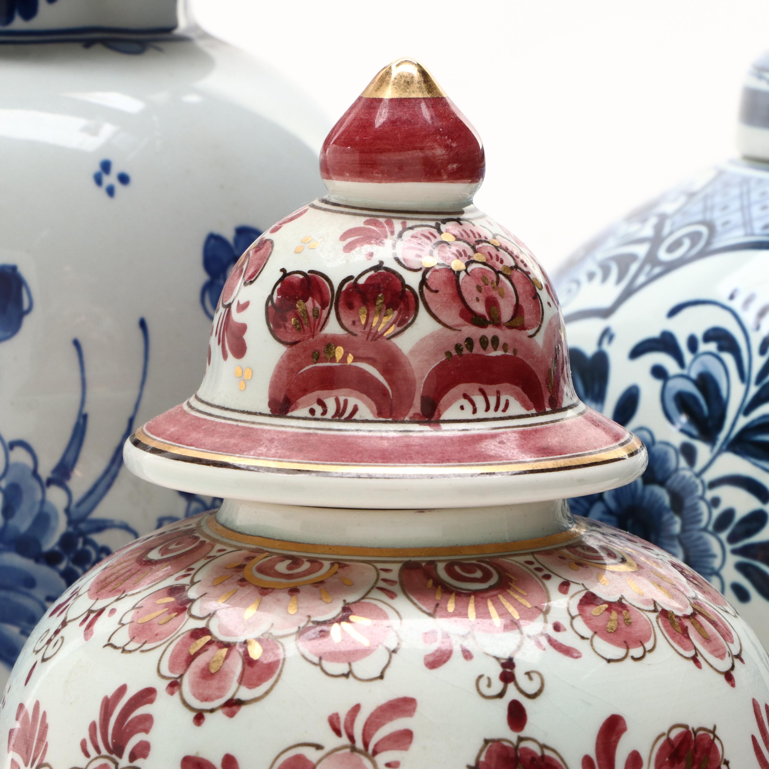 Delfts Pottery Hand-Painted Floral Motif Ceramic Ginger Jars