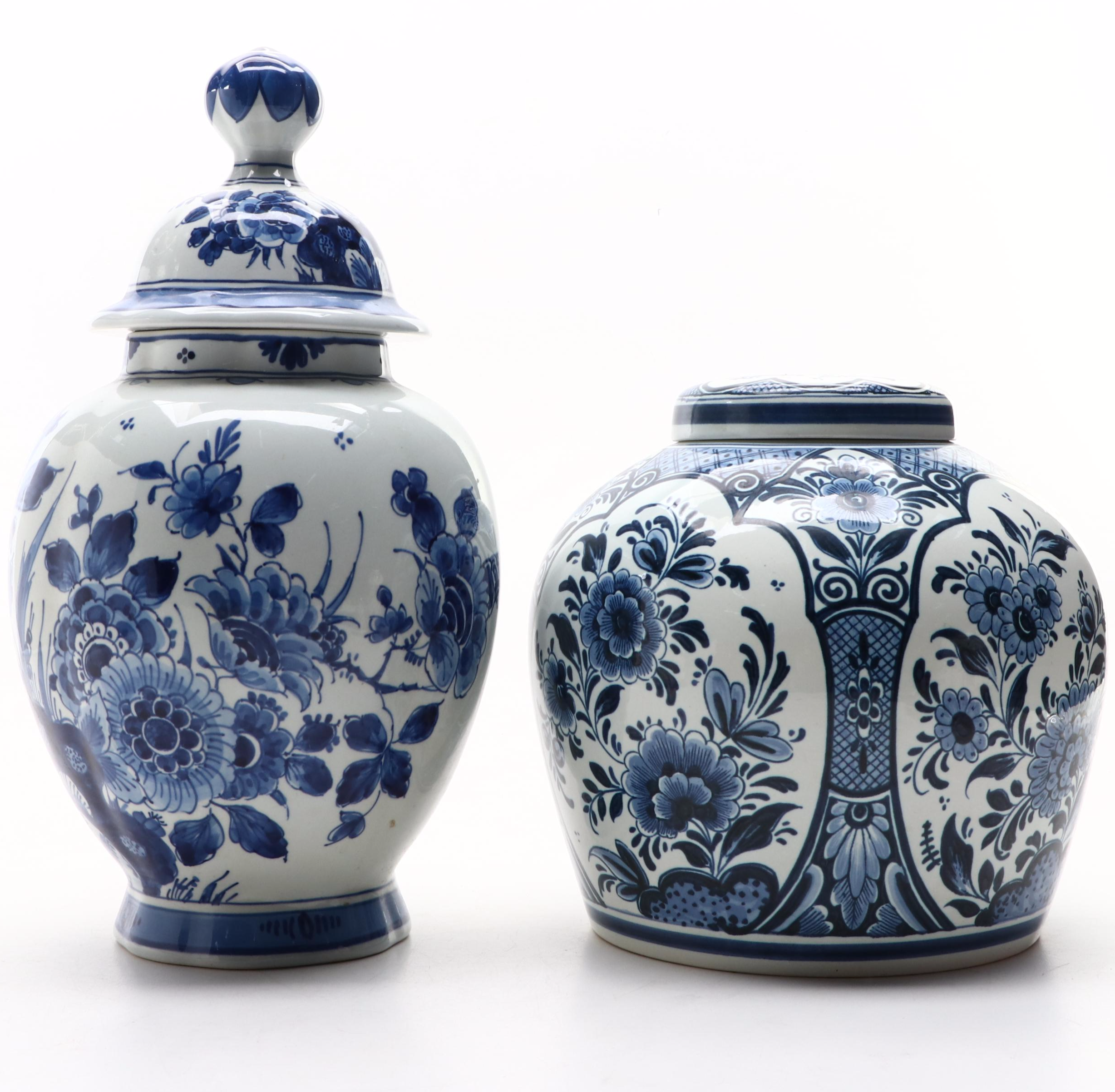 Delfts Pottery Hand-Painted Floral Motif Ceramic Ginger Jars