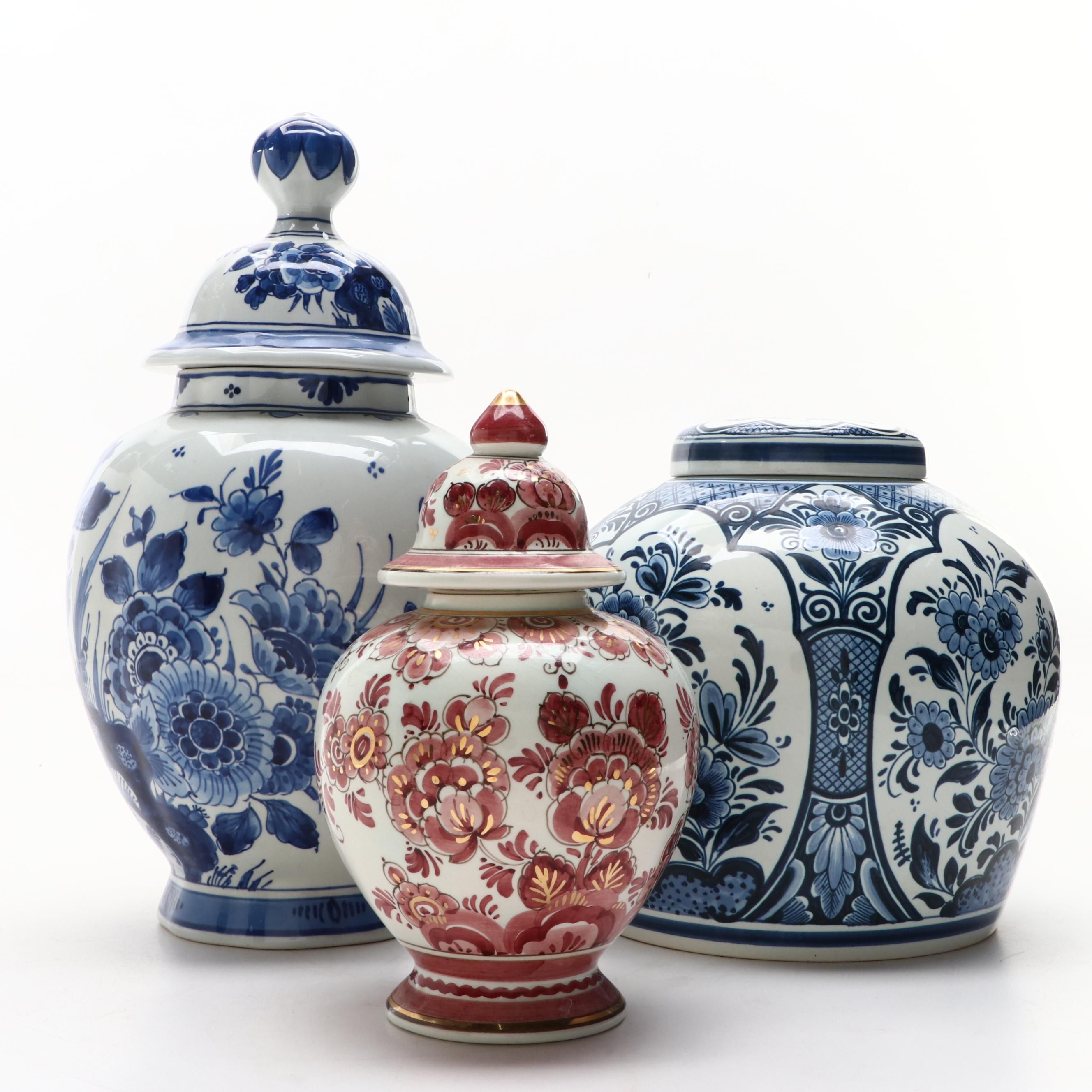 Delfts Pottery Hand-Painted Floral Motif Ceramic Ginger Jars